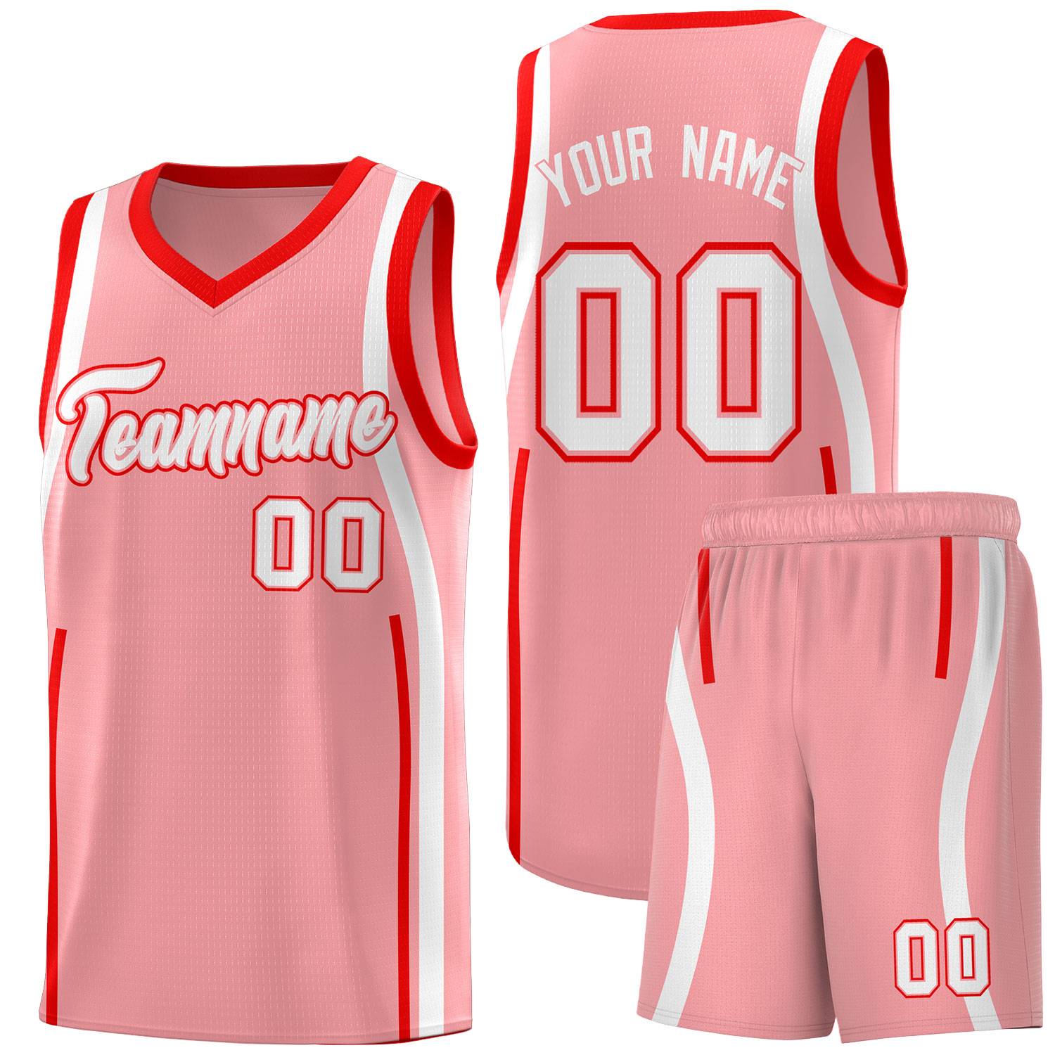 Custom Light Pink Light Red-White Ribbon Pattern Basketball Kits