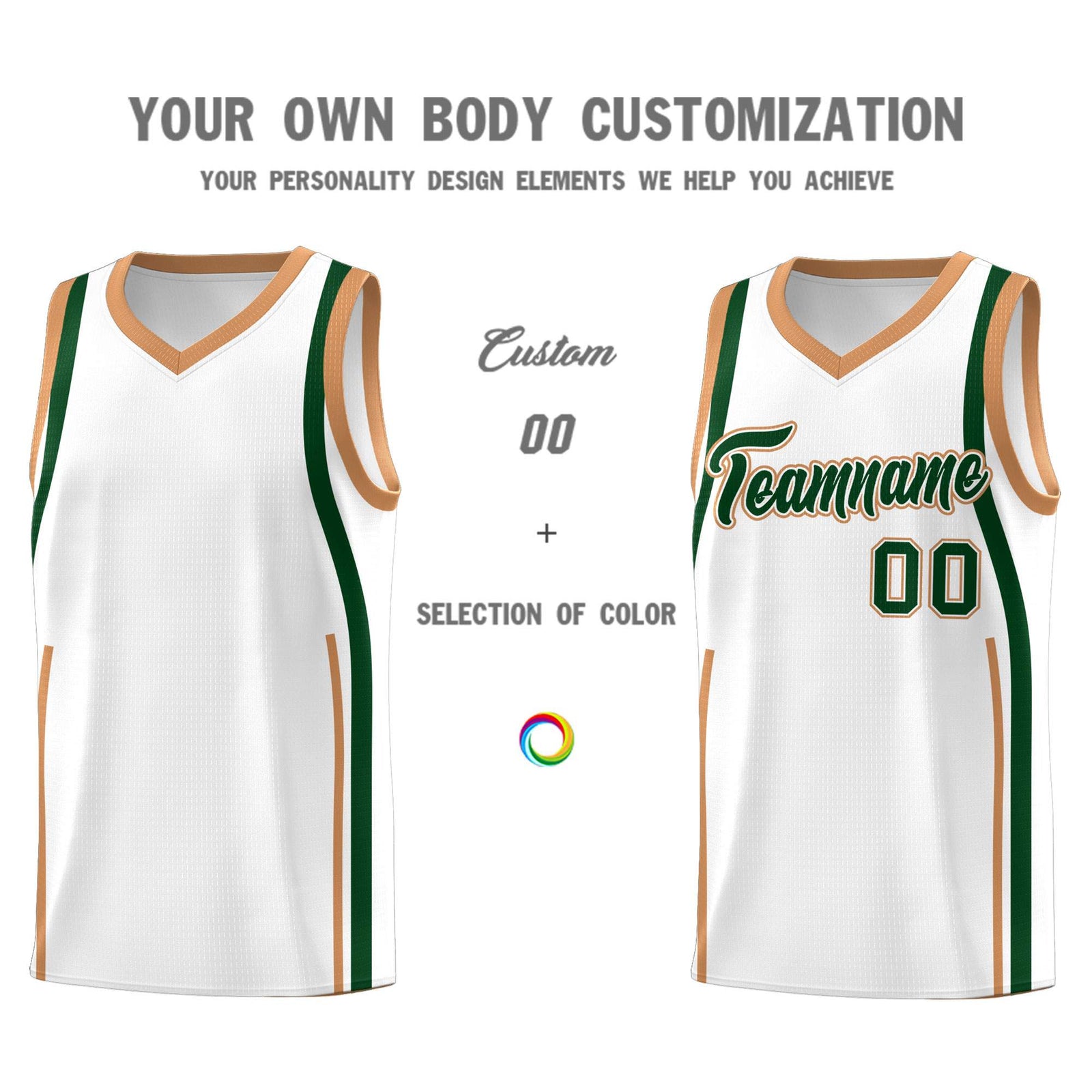 Custom White Green-Buckskin Brown Ribbon Pattern Basketball Kits