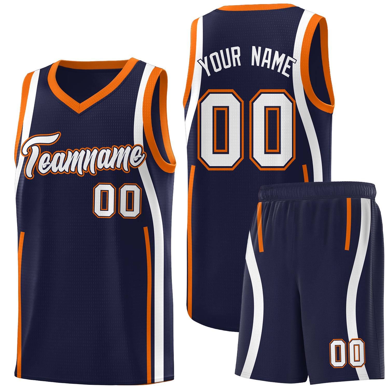 Custom Navy Orange-White Ribbon Pattern Basketball Kits