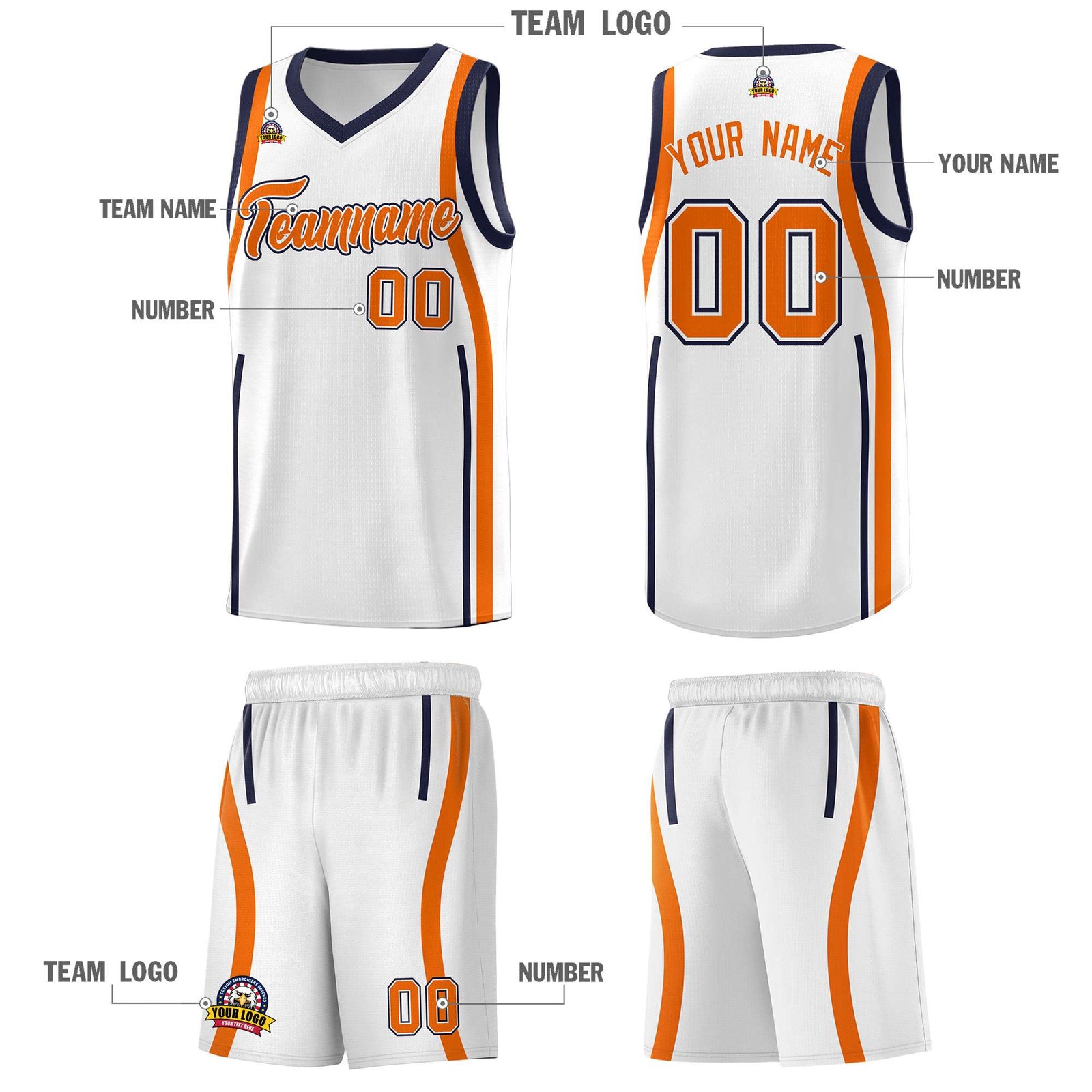 Custom White Navy-Orange Ribbon Pattern Basketball Kits