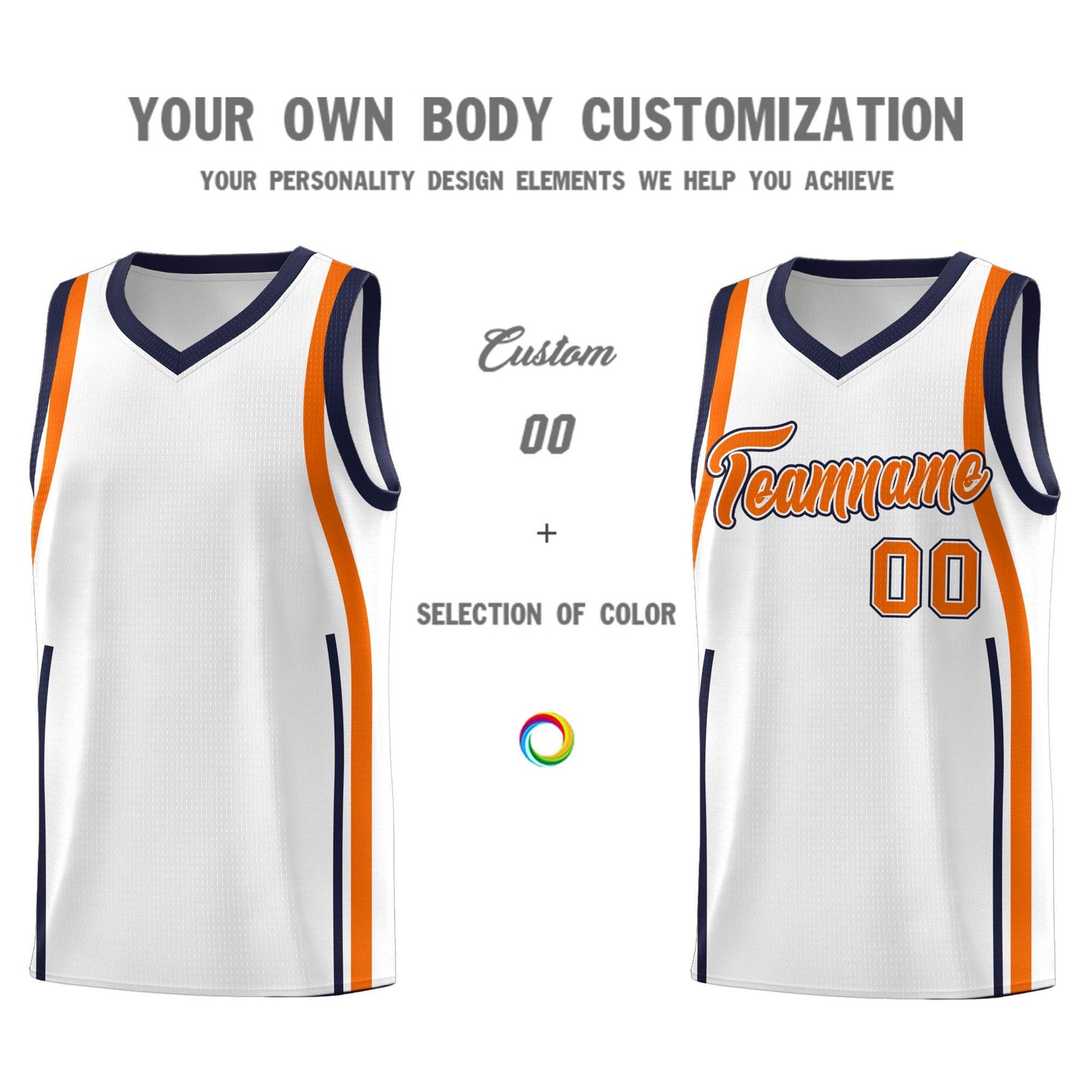 Custom White Navy-Orange Ribbon Pattern Basketball Kits