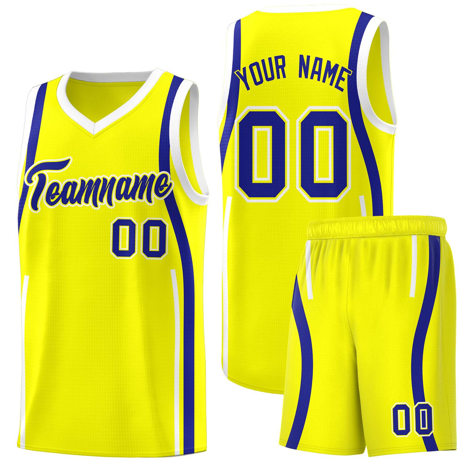 Custom Fluorescent Yellow Royal-White Ribbon Pattern Basketball Kits