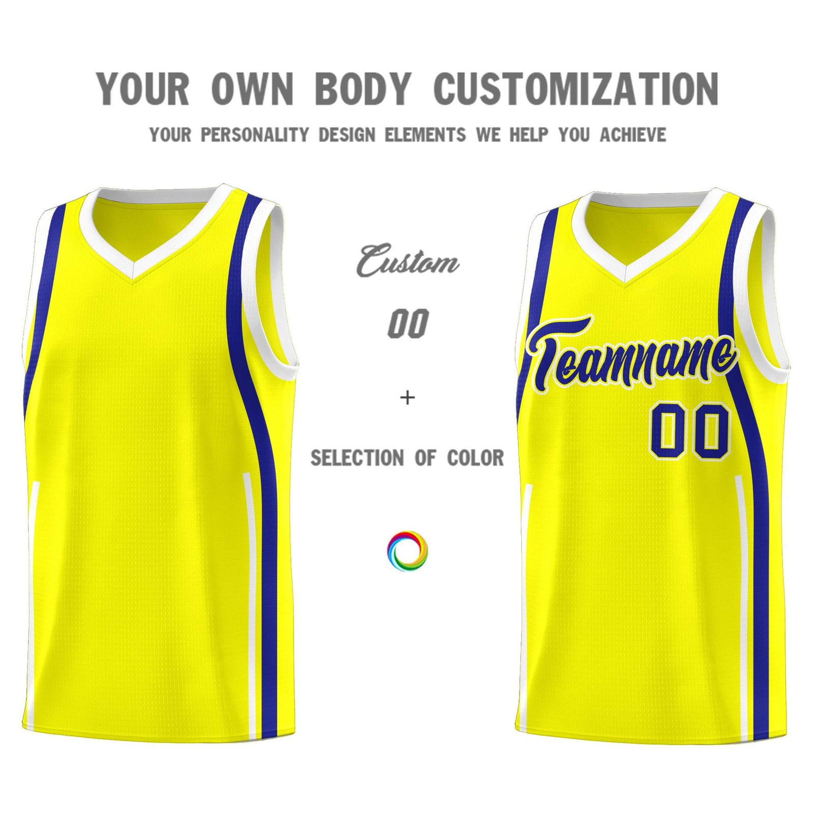 Custom Fluorescent Yellow Royal-White Ribbon Pattern Basketball Kits