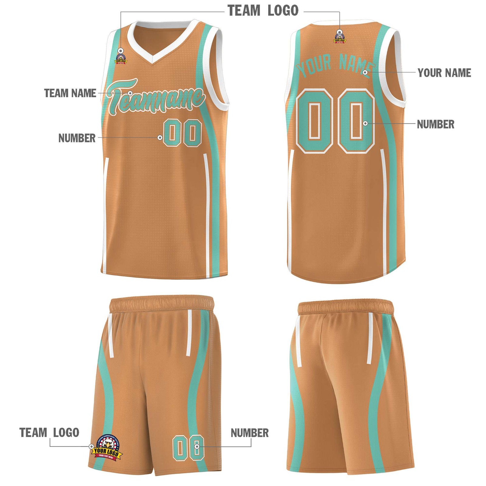 Custom Buckskin Brown Bright Green-White Ribbon Pattern Basketball Kits