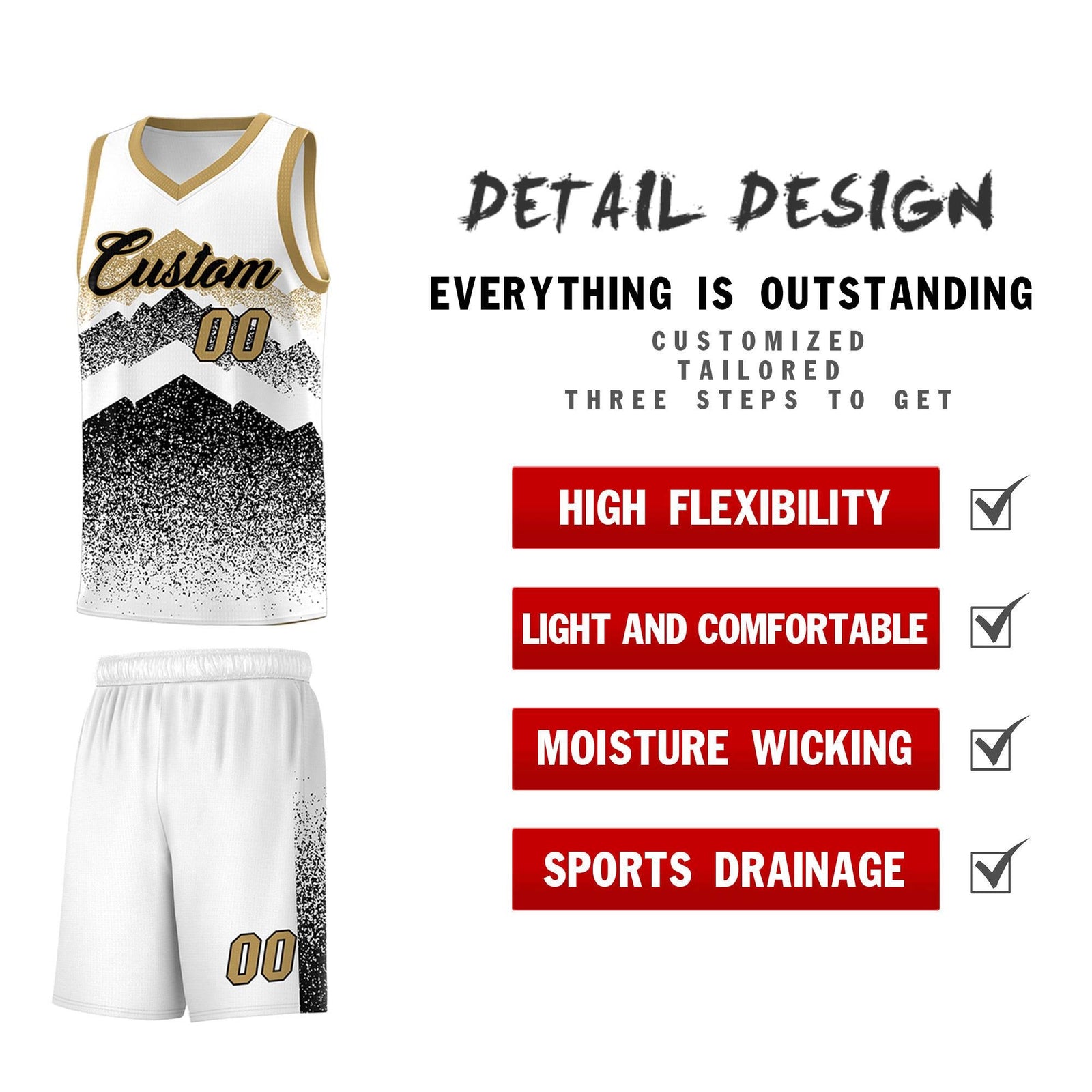Custom Youth Basketball Jerseys White Black Gradient Mountain Design Uniforms
