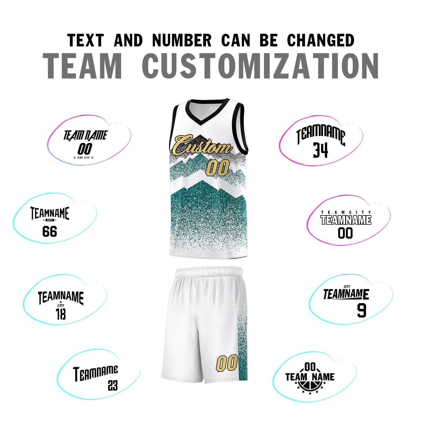 Custom Youth Basketball Jerseys White Teal Gradient Mountain Design Uniforms
