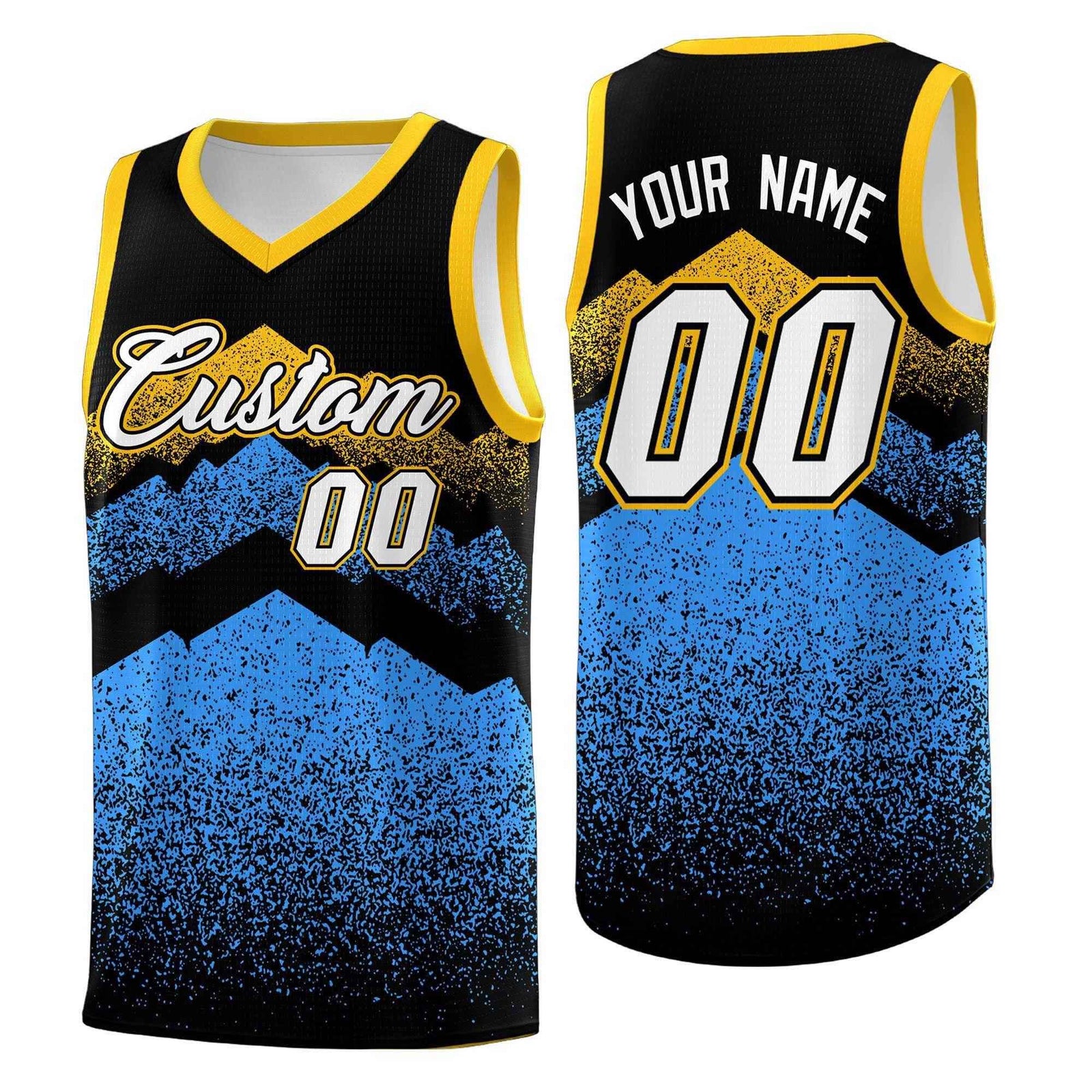 Custom Youth Basketball Jerseys Black Powder Blue Gradient Mountain Design Uniforms