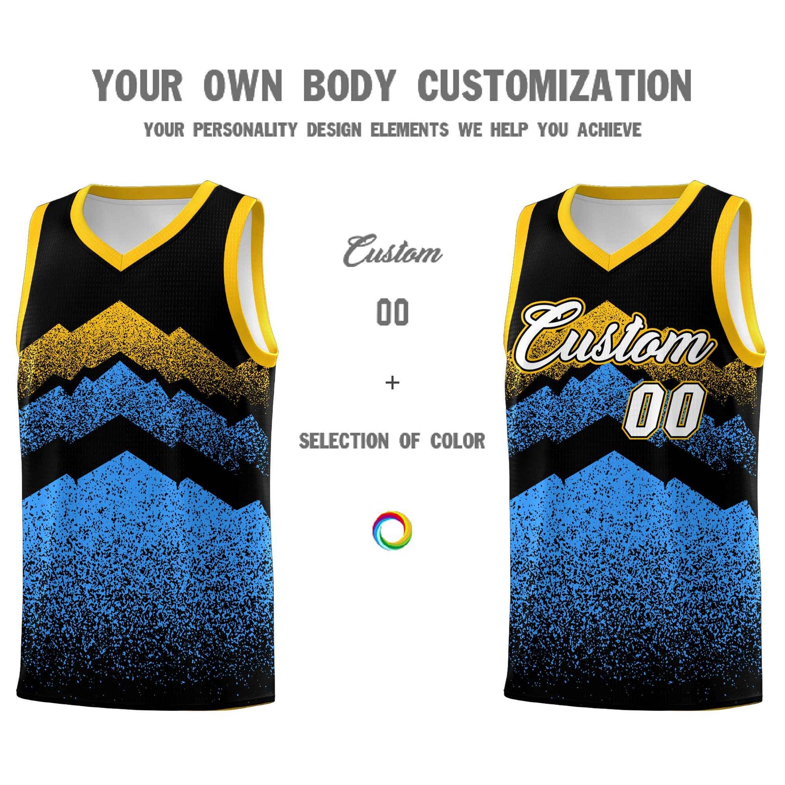 Custom Youth Basketball Jerseys Black Powder Blue Gradient Mountain Design Uniforms