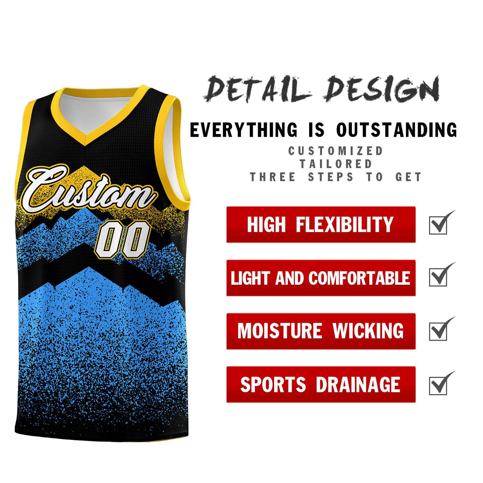 Custom Youth Basketball Jerseys Black Powder Blue Gradient Mountain Design Uniforms