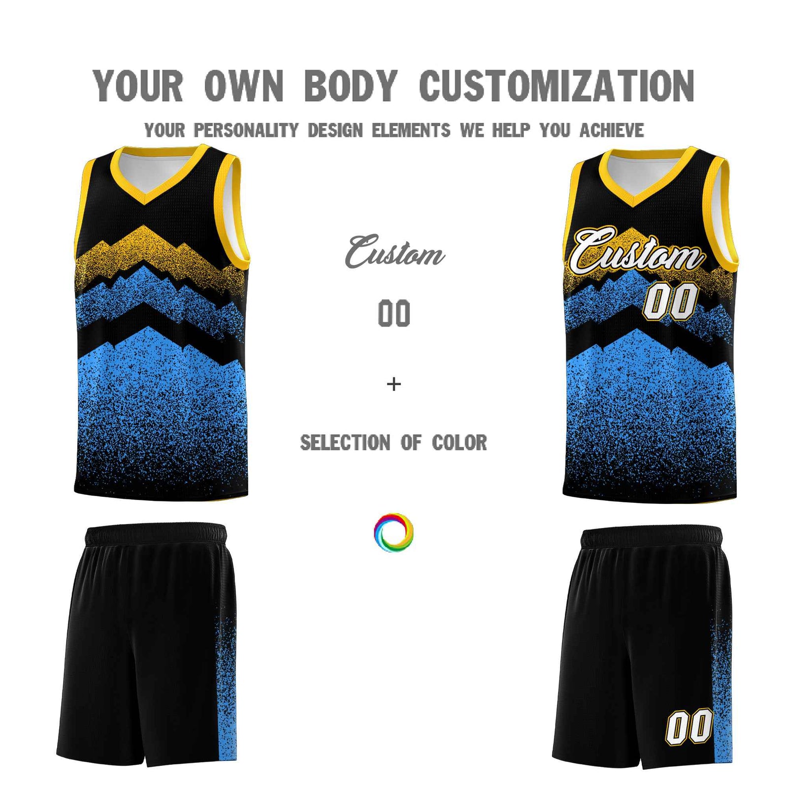 Custom Youth Basketball Jerseys Black Powder Blue Gradient Mountain Design Uniforms