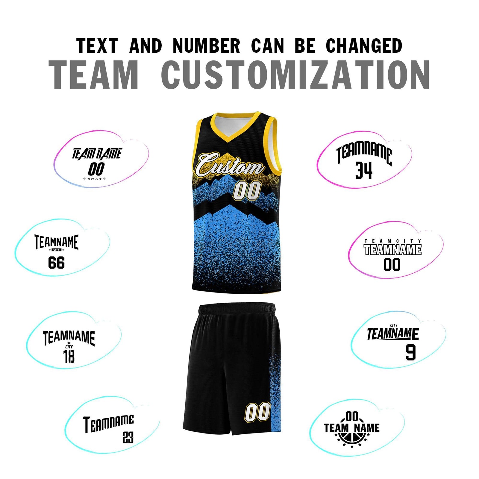 Custom Youth Basketball Jerseys Black Powder Blue Gradient Mountain Design Uniforms