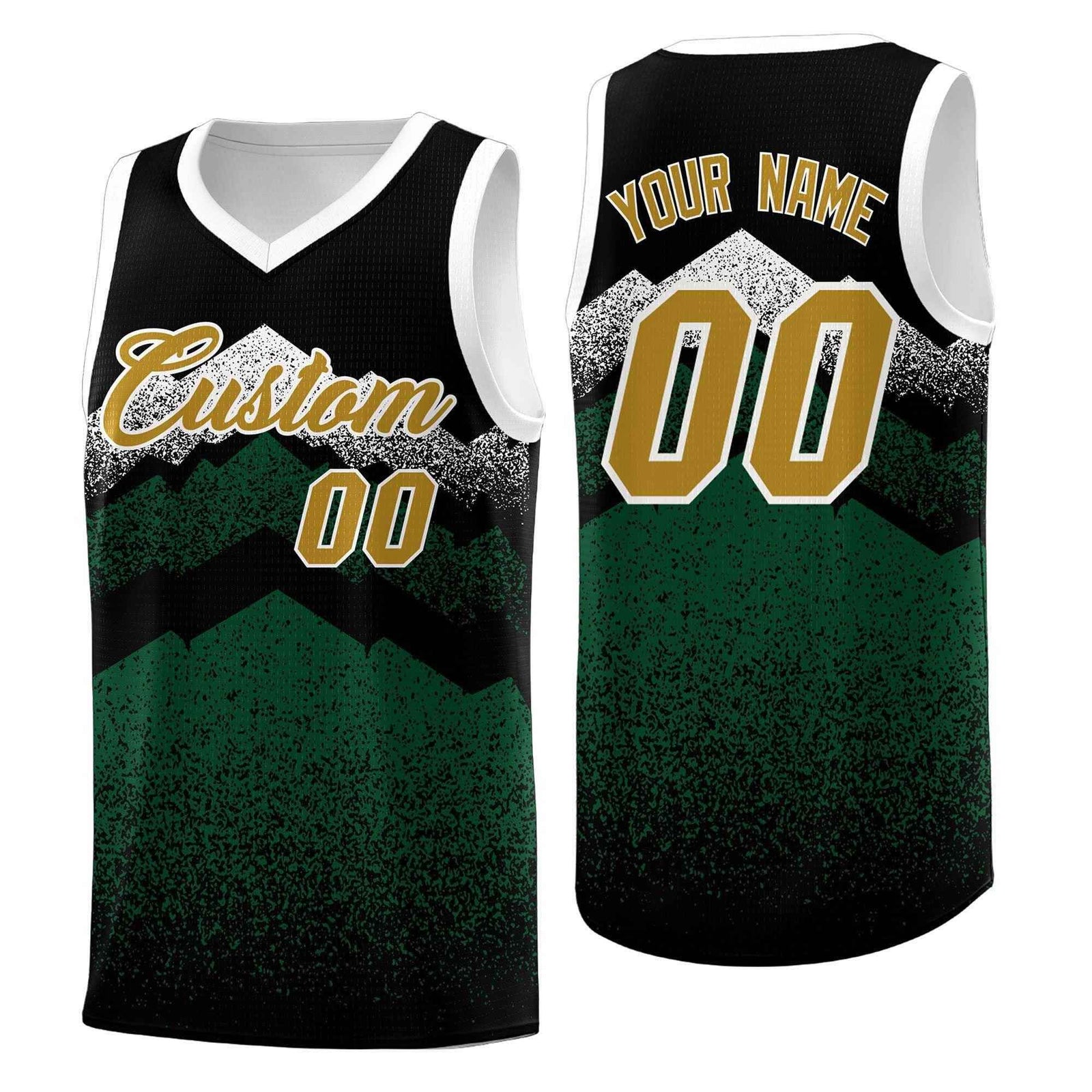 Personalized Youth Basketball Jerseys   Black Green Gradient Mountain Design Uniforms