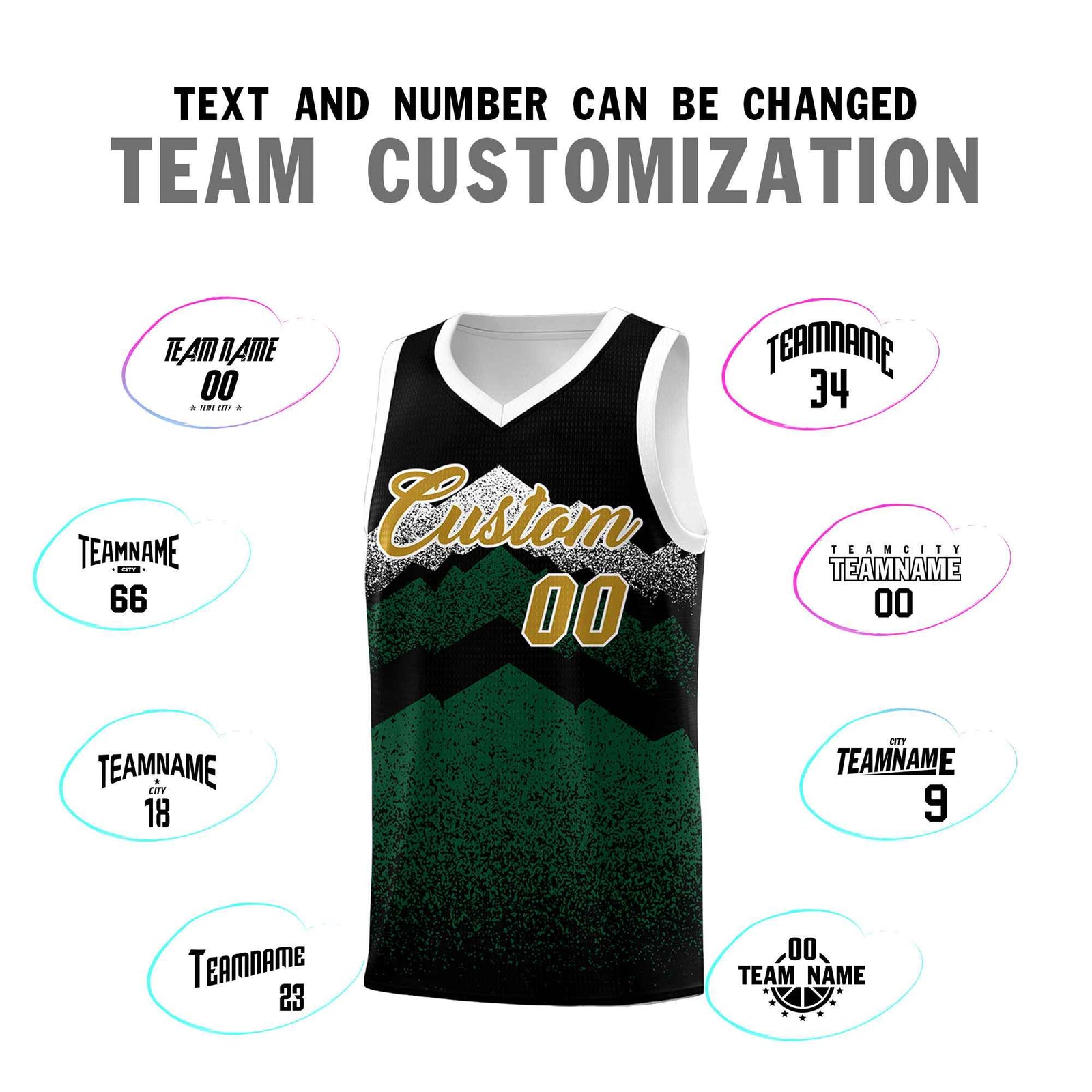Personalized Youth Basketball Jerseys   Black Green Gradient Mountain Design Uniforms