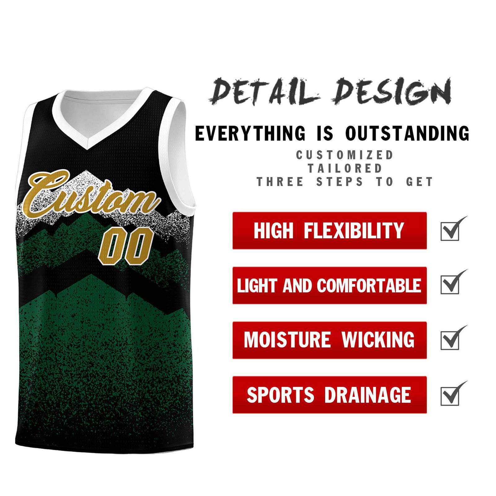 Personalized Youth Basketball Jerseys   Black Green Gradient Mountain Design Uniforms