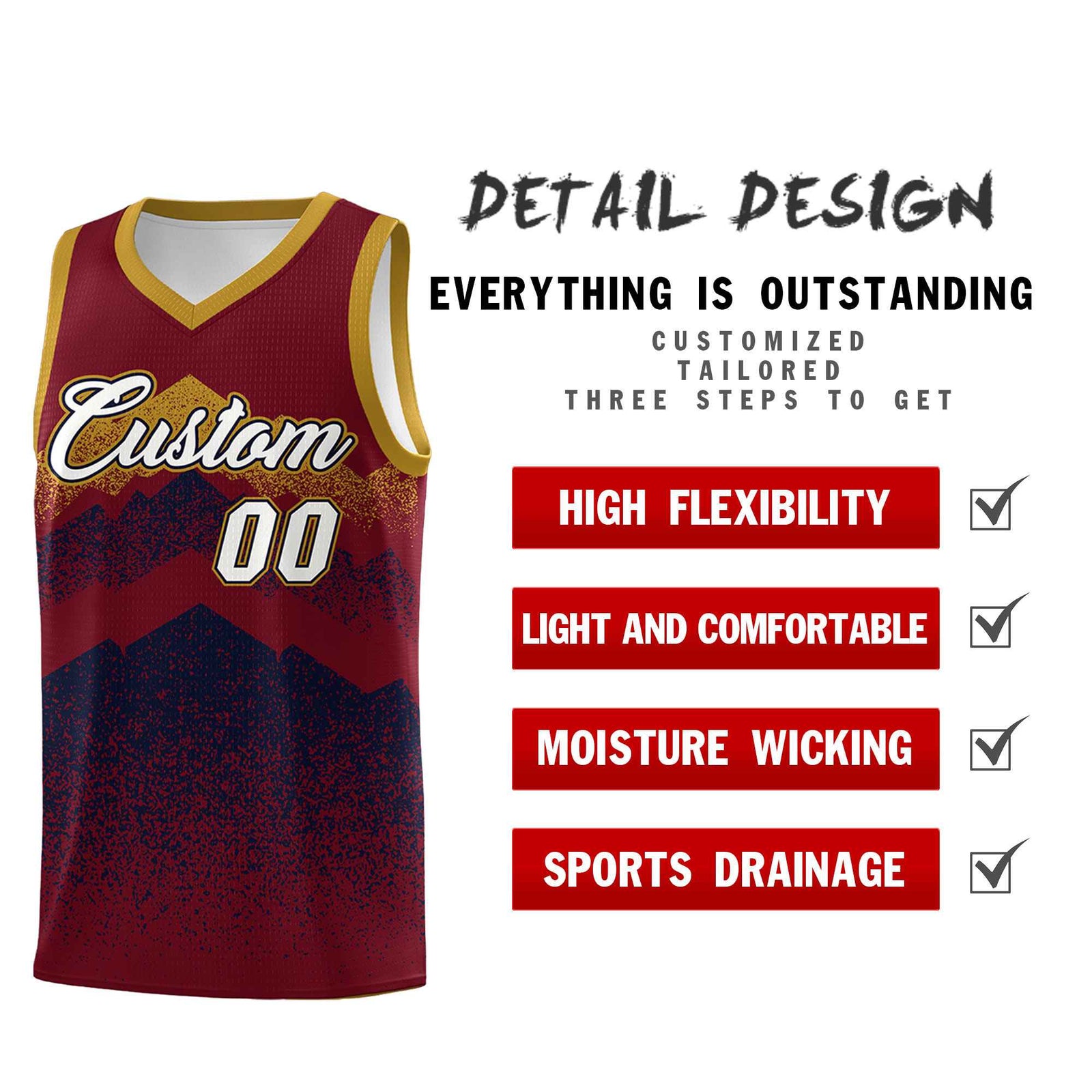 Custom Youth Basketball Jerseys Crimson Navy Gradient Mountain Design Uniforms