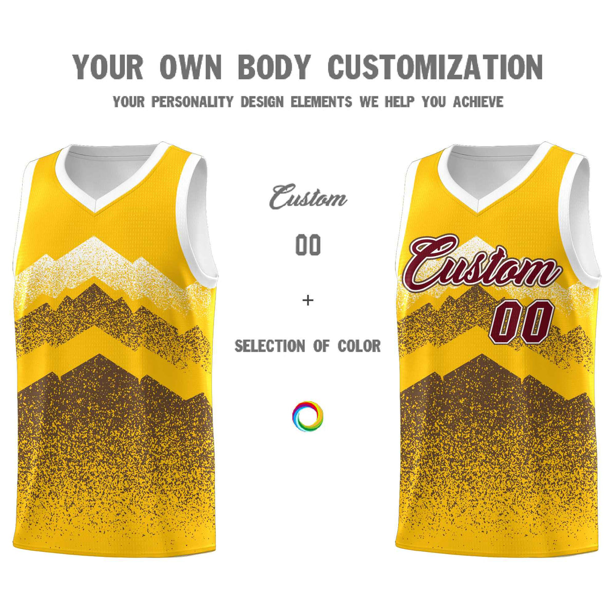 Custom Youth Basketball Jerseys Gold Coffee Gradient Mountain Design Uniforms