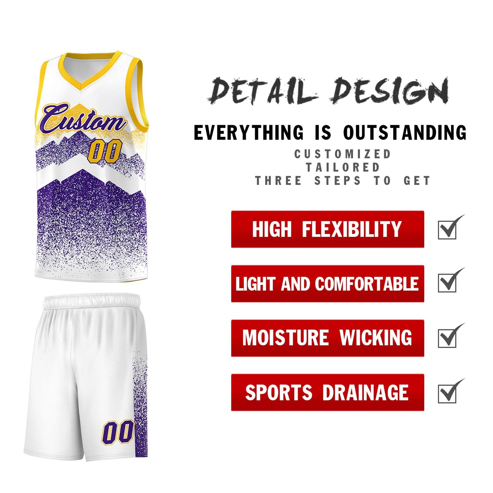 Custom Youth Basketball Jerseys White Purple Gradient Mountain Design Uniforms