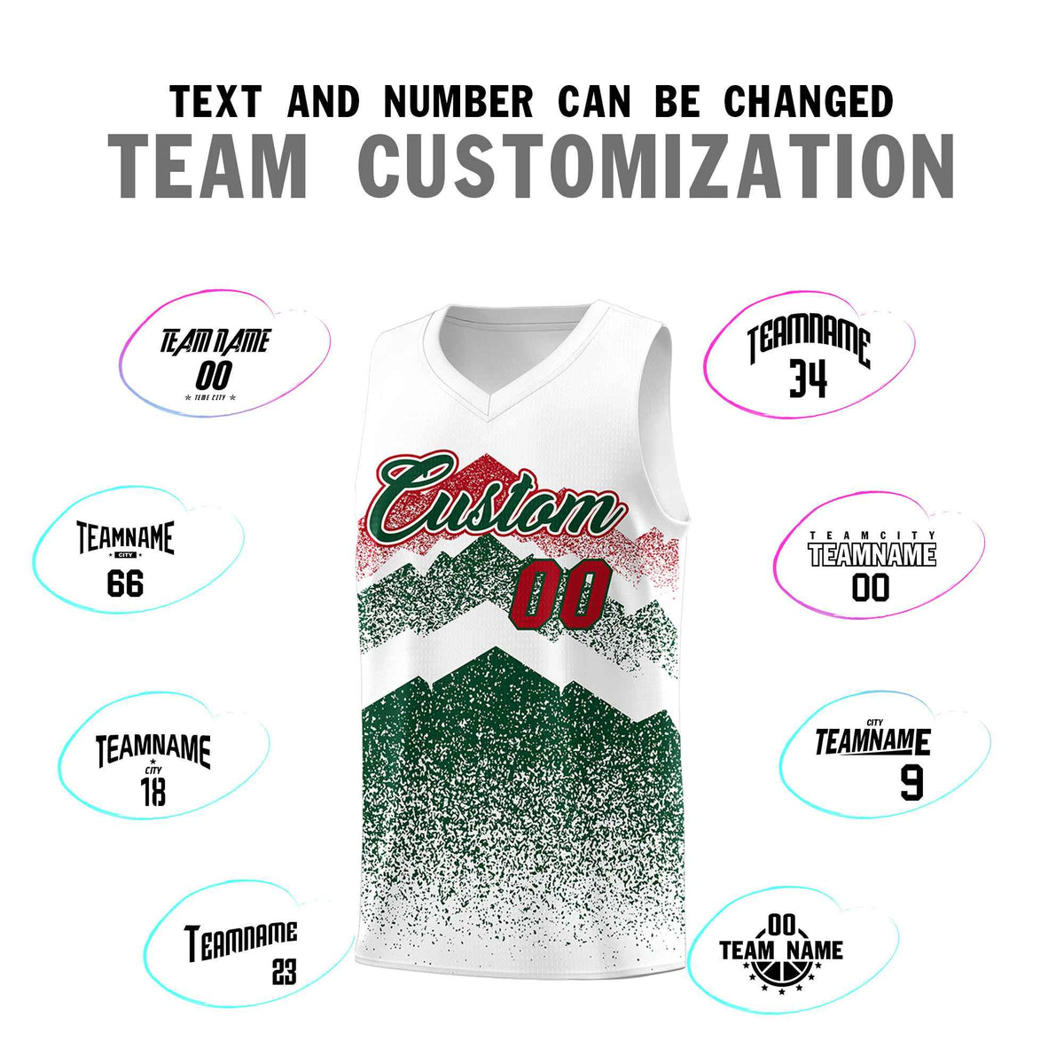 Custom Youth Basketball Jerseys White Green Gradient Mountain Design Uniforms