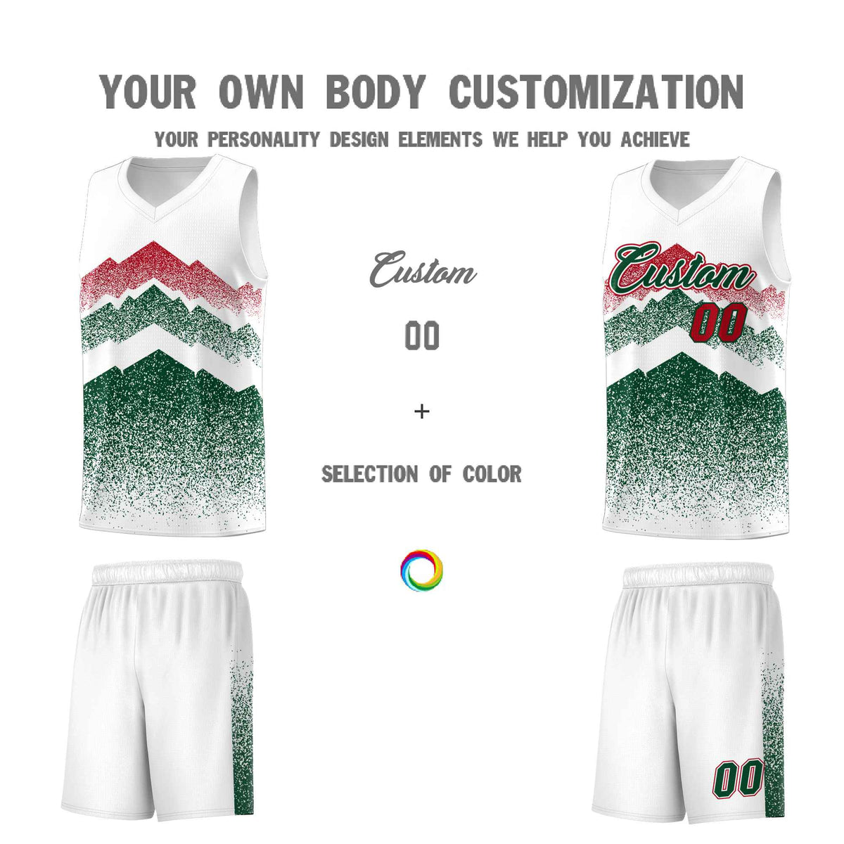 Custom Youth Basketball Jerseys White Green Gradient Mountain Design Uniforms