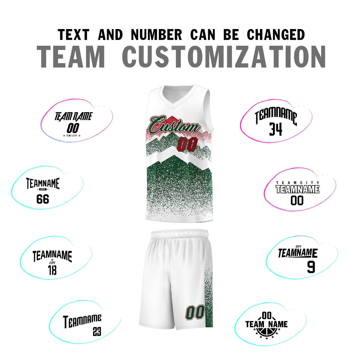 Custom Youth Basketball Jerseys White Green Gradient Mountain Design Uniforms