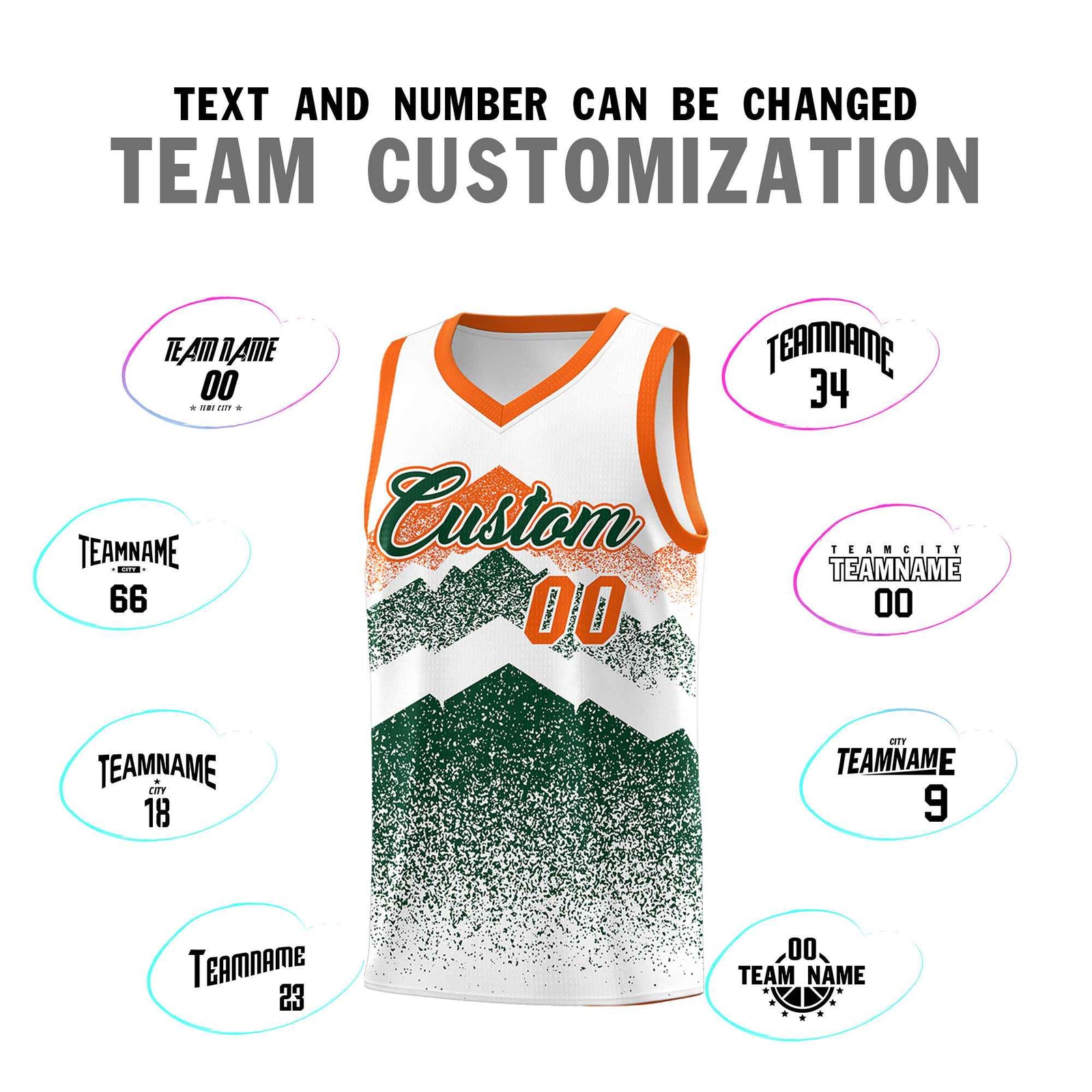 Custom Youth Basketball Jerseys White Green Gradient Mountain Design Uniforms
