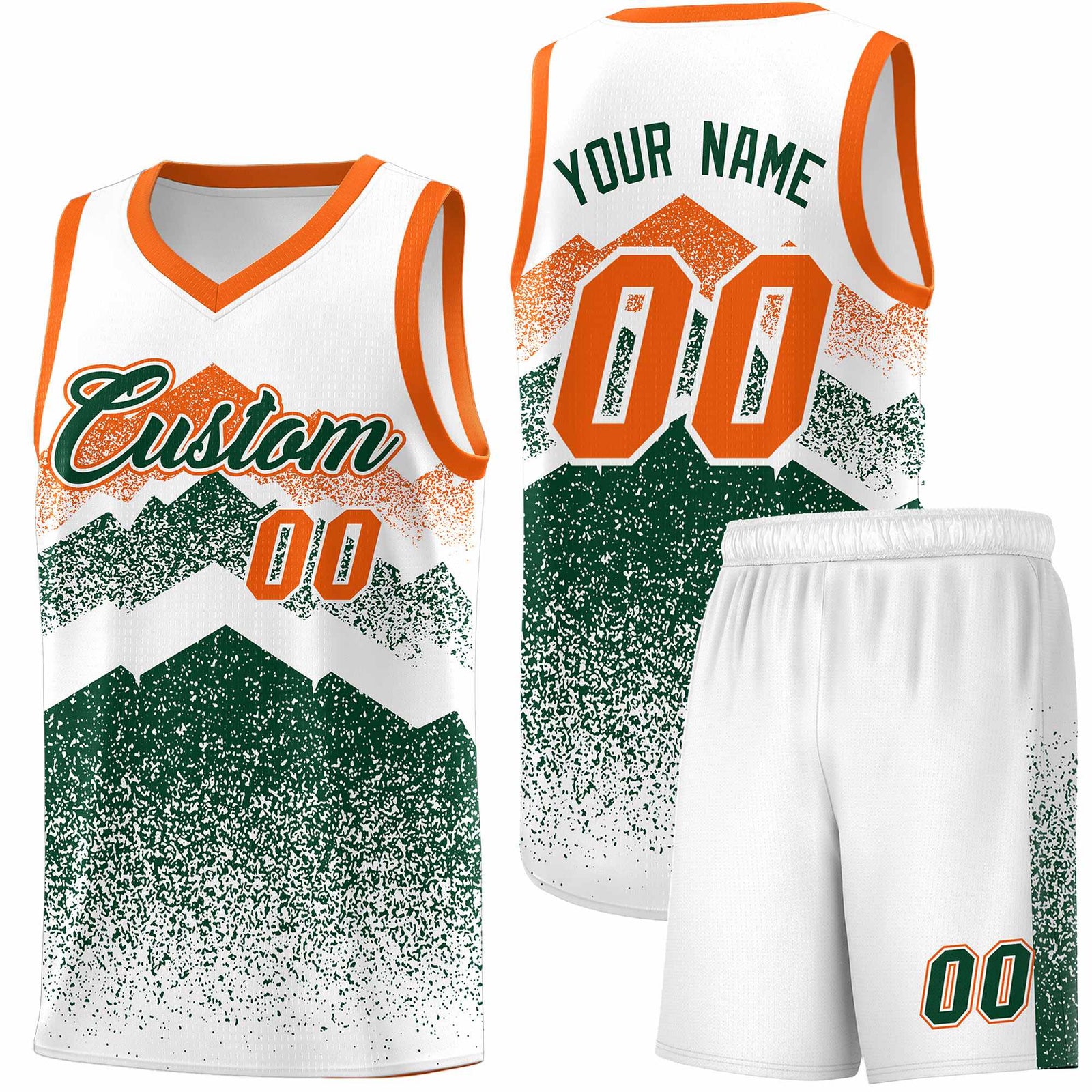 Custom Youth Basketball Jerseys White Green Gradient Mountain Design Uniforms