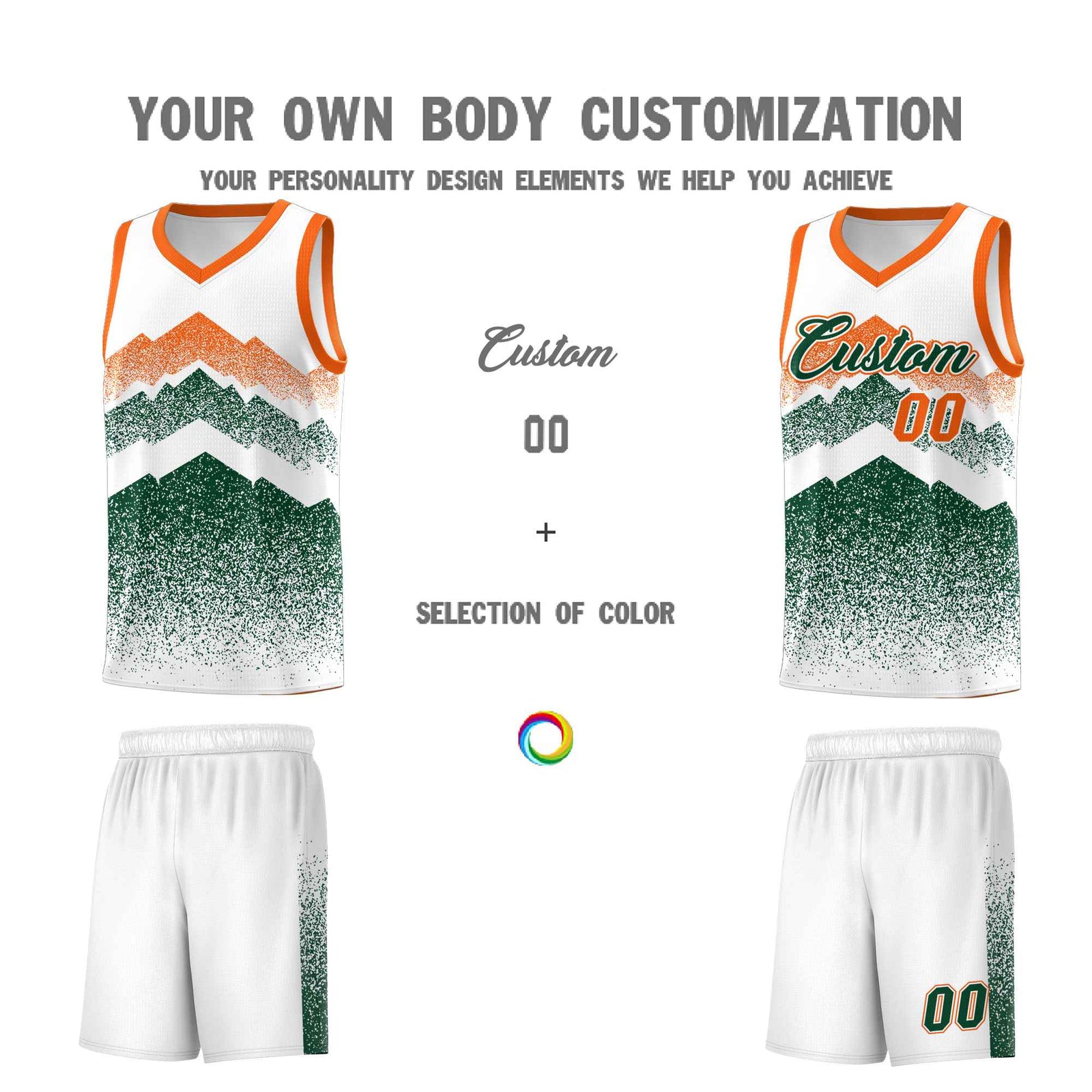 Custom Youth Basketball Jerseys White Green Gradient Mountain Design Uniforms