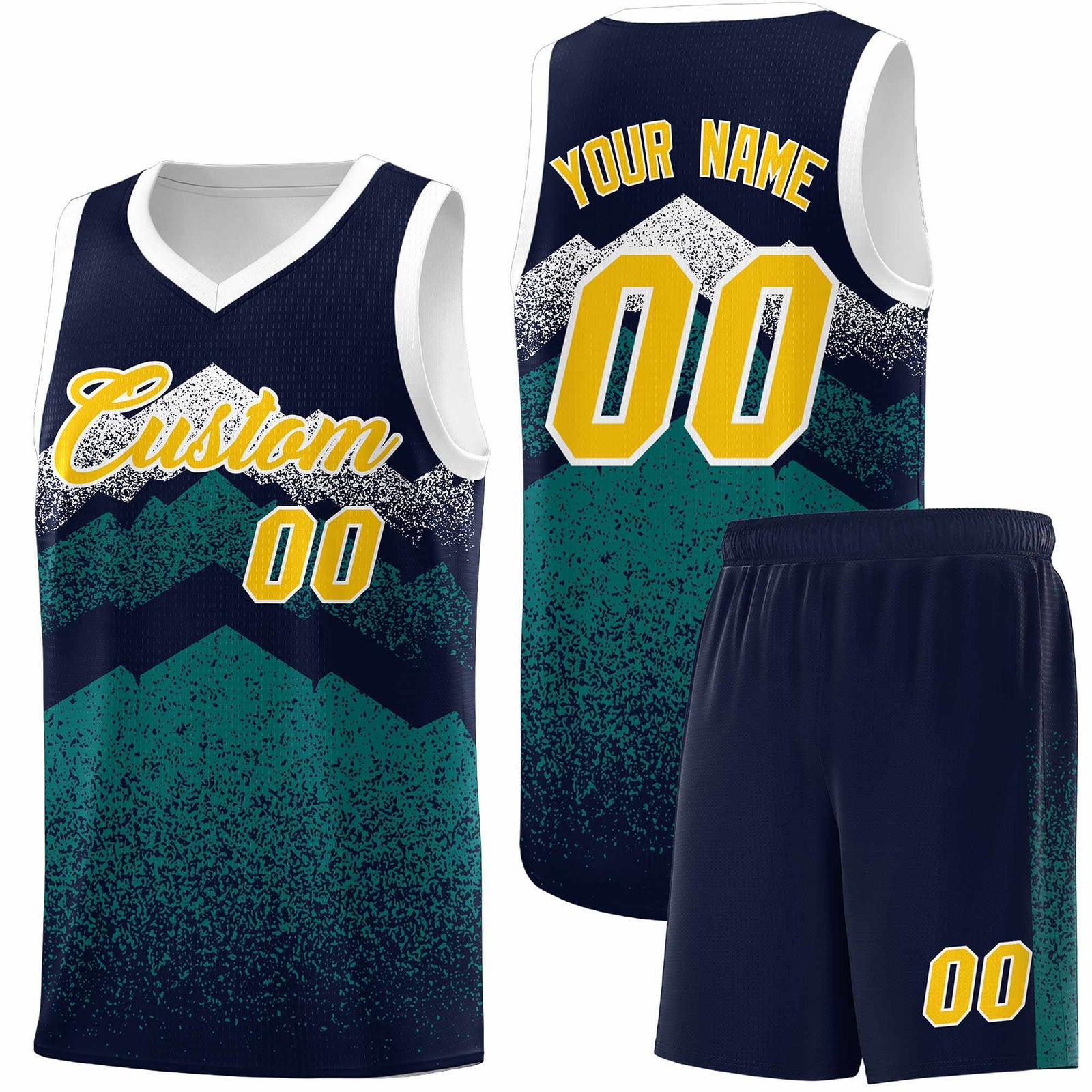 Custom Youth Basketball Jerseys Navy Teal Gradient Mountain Design Uniforms