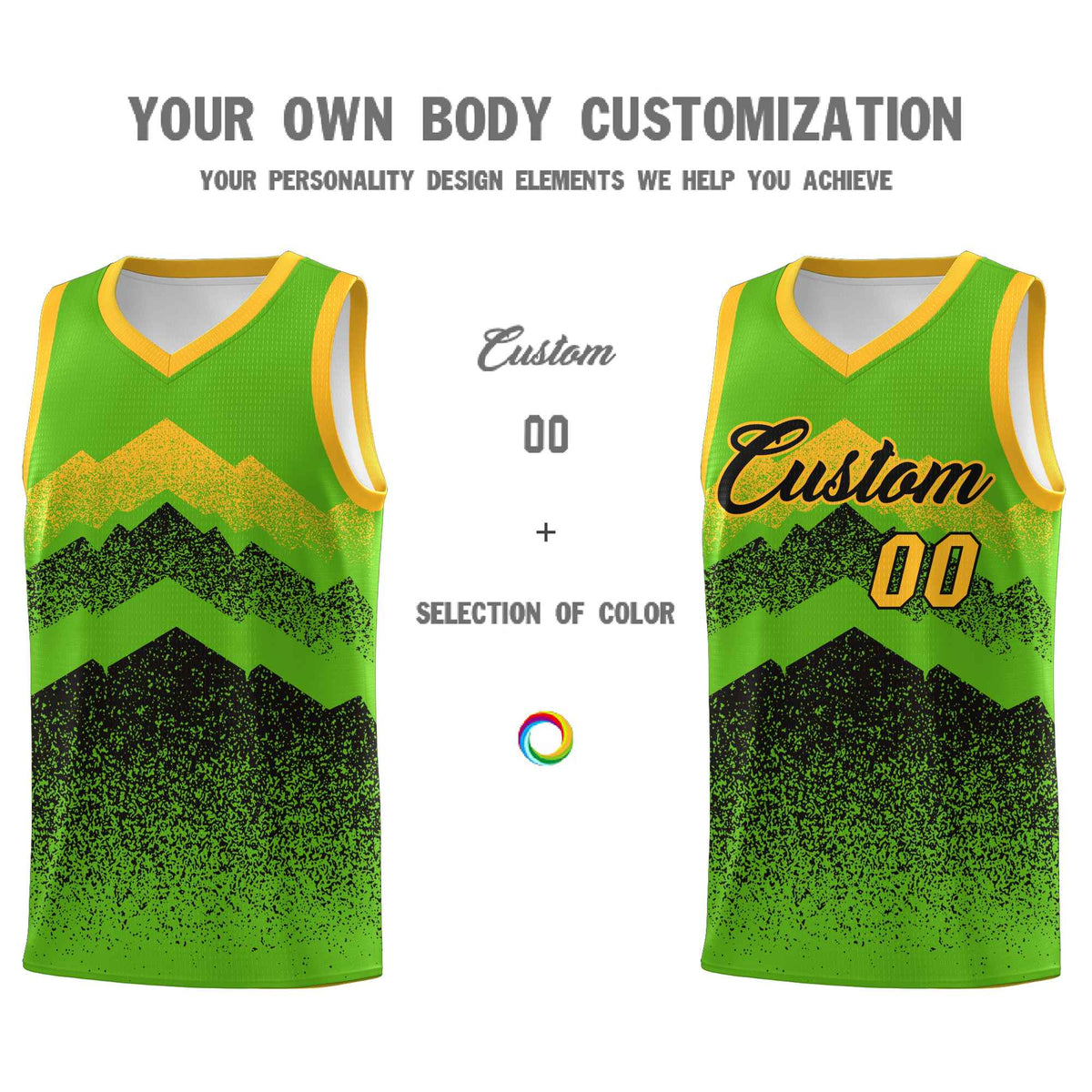 Custom Youth Basketball Jerseys Green Black Gradient Mountain Design Uniforms