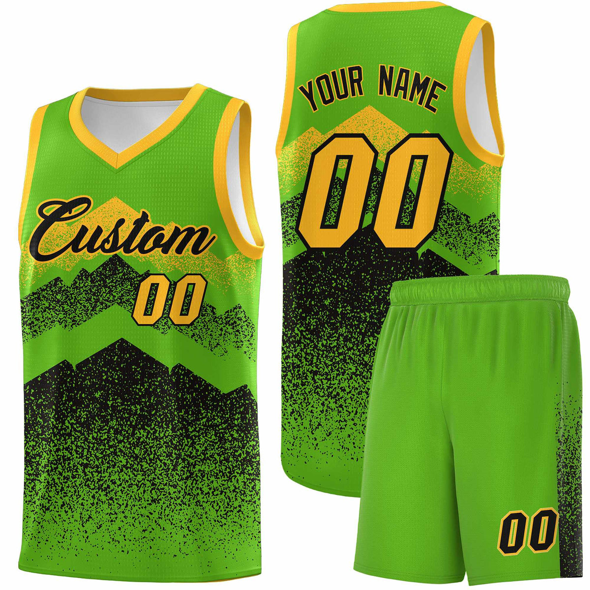 Custom Youth Basketball Jerseys Green Black Gradient Mountain Design Uniforms