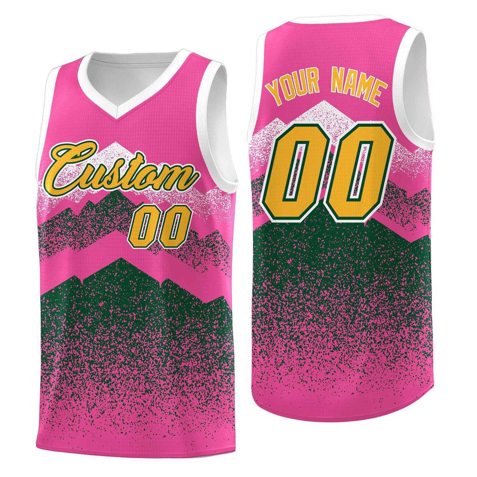 Personalized Youth Basketball Jerseys   Pink Green Gradient Mountain Design Uniforms