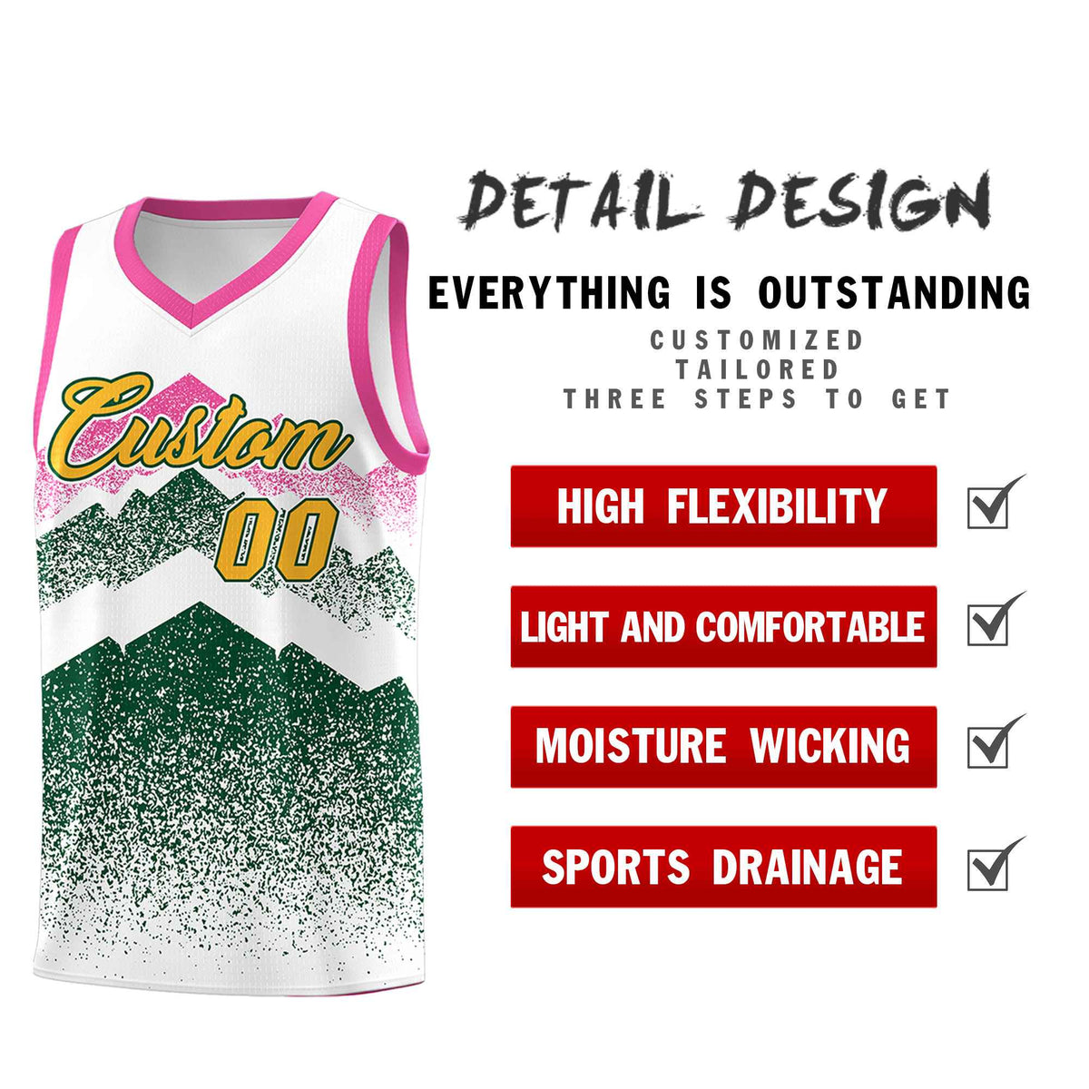 Custom Youth Basketball Jerseys White Green Gradient Mountain Design Uniforms