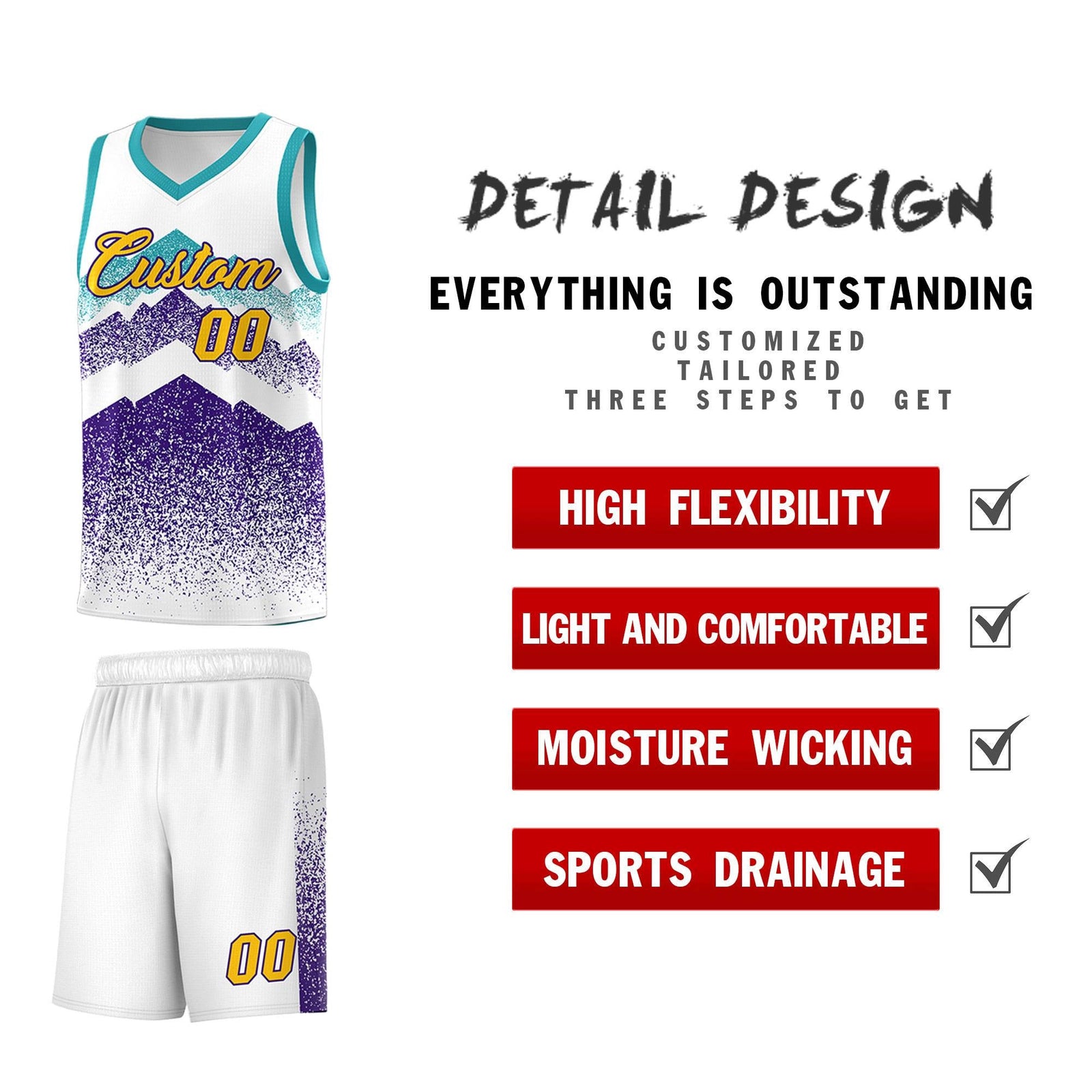 Custom Youth Basketball Jerseys White Purple Gradient Mountain Design Uniforms