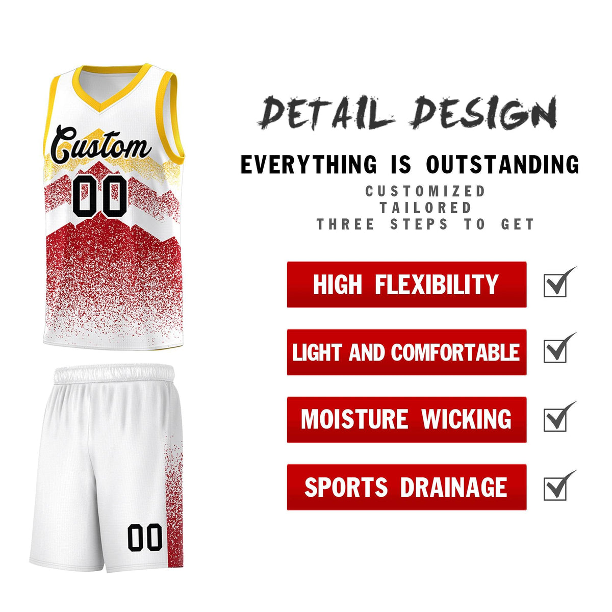 Custom Youth Basketball Jerseys White Red Gradient Mountain Design Uniforms