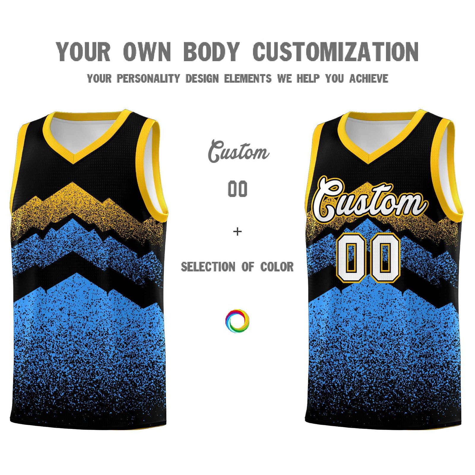 Custom Youth Basketball Jerseys Black Powder Blue Gradient Mountain Design Uniforms