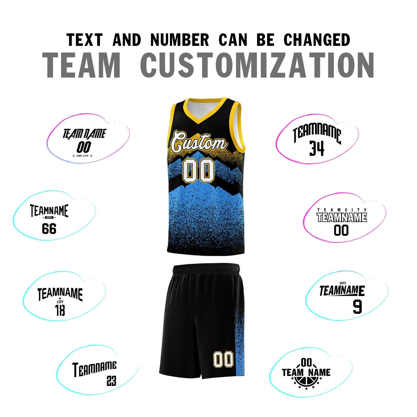 Custom Youth Basketball Jerseys Black Powder Blue Gradient Mountain Design Uniforms