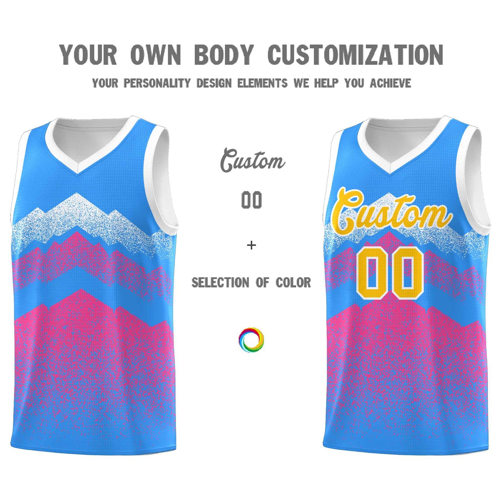 Custom Youth Basketball Jerseys Powder Blue Pink Gradient Mountain Design Uniforms