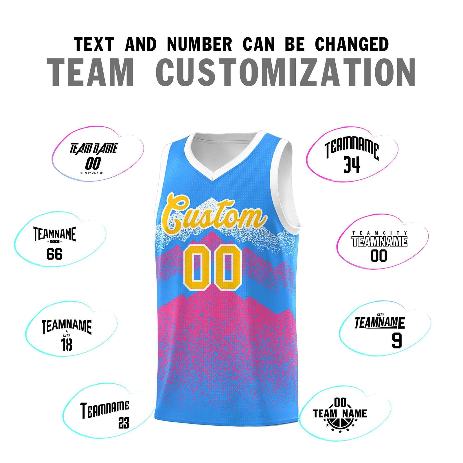 Custom Youth Basketball Jerseys Powder Blue Pink Gradient Mountain Design Uniforms