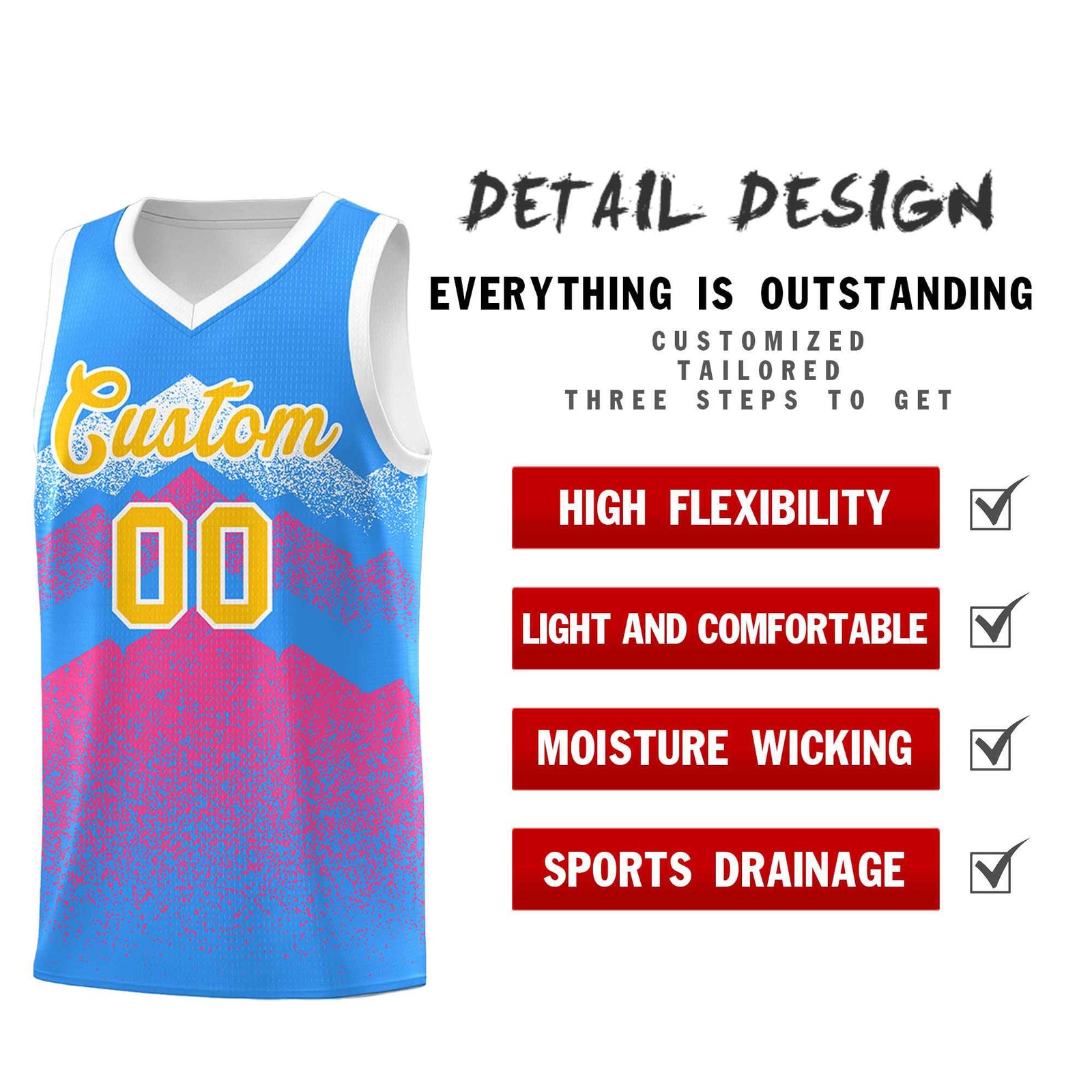 Custom Youth Basketball Jerseys Powder Blue Pink Gradient Mountain Design Uniforms