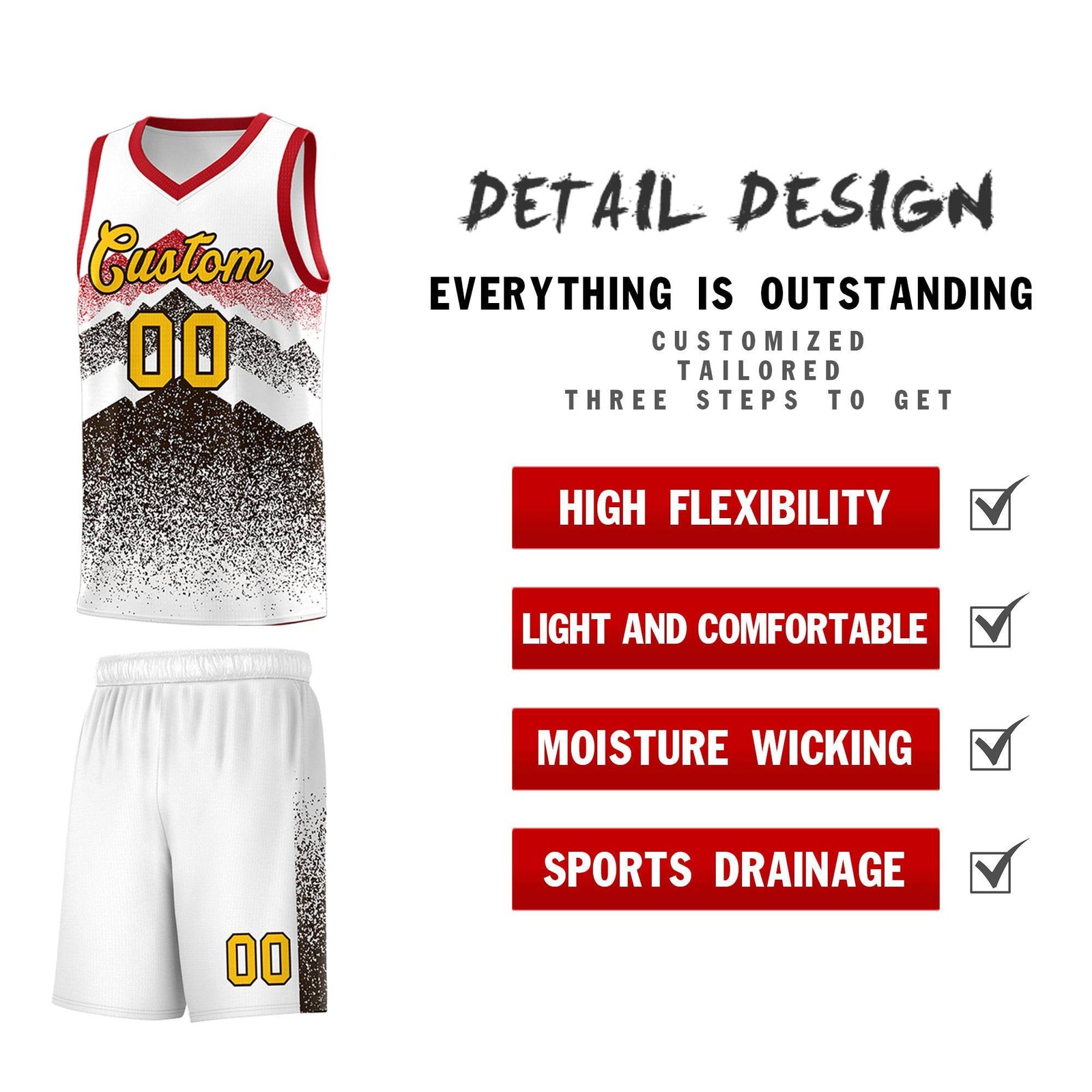Custom Youth Basketball Jerseys White Brown Gradient Mountain Design Uniforms