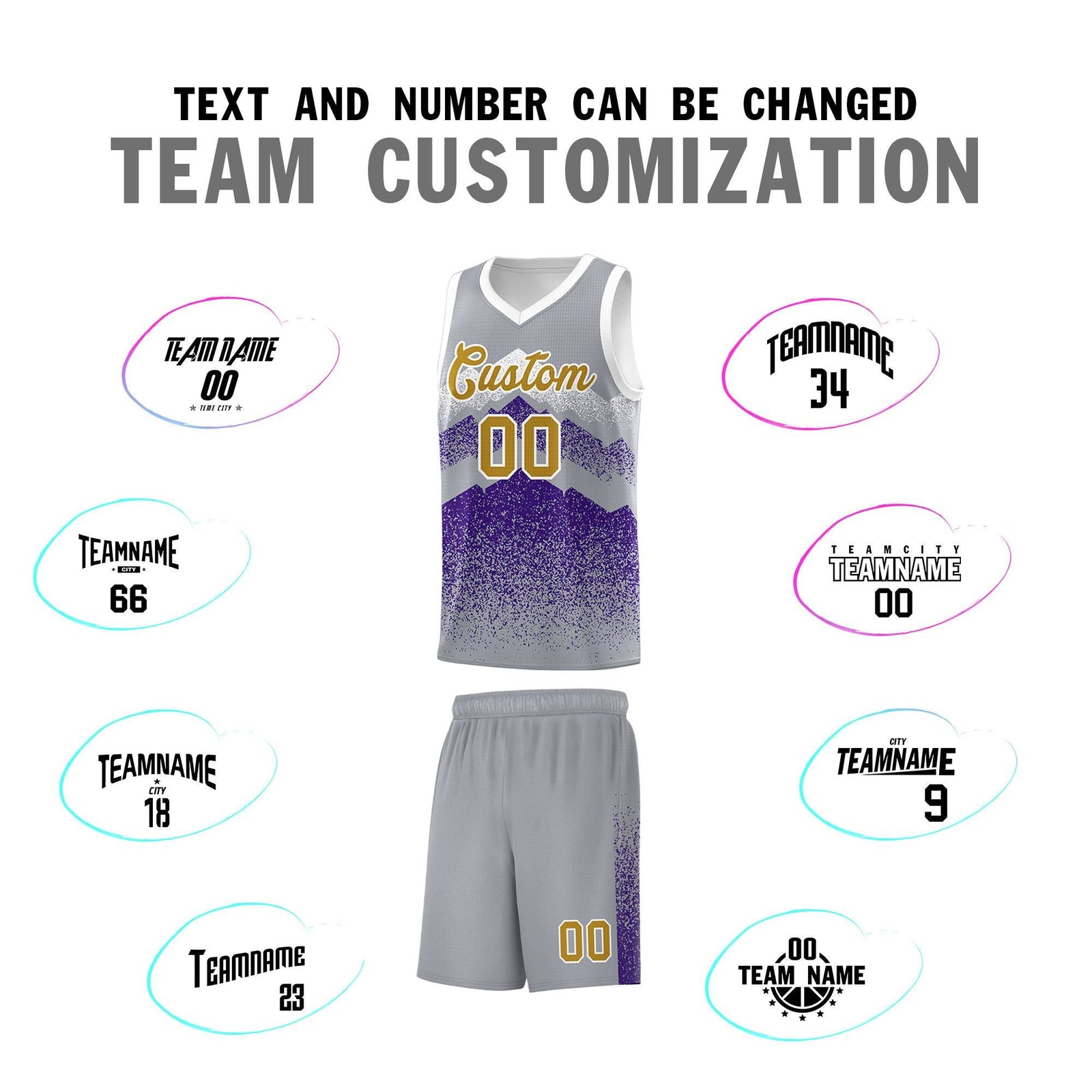Custom Youth Basketball Jerseys Gray Purple Gradient Mountain Design Uniforms