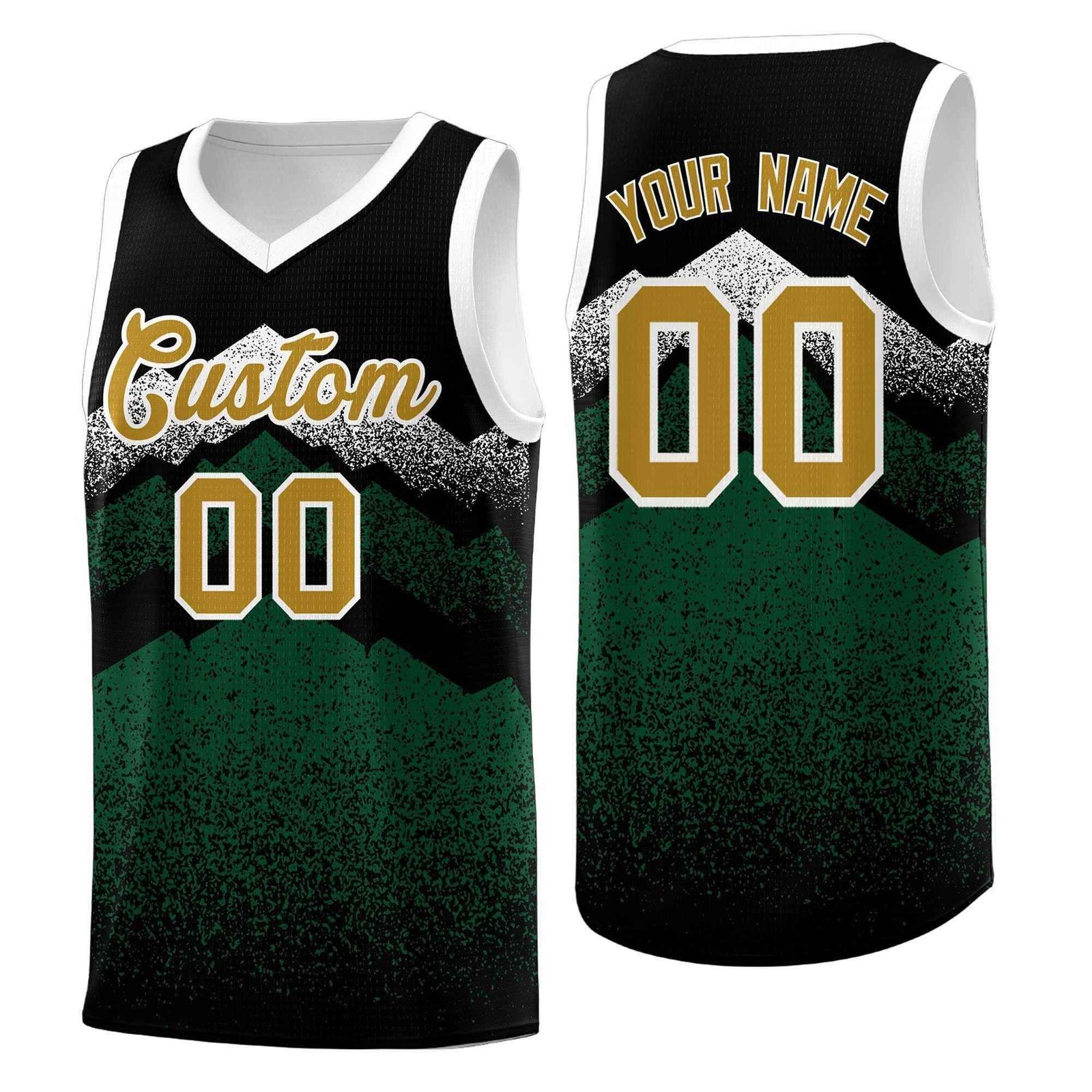 Personalized Youth Basketball Jerseys   Black Green Gradient Mountain Design Uniforms