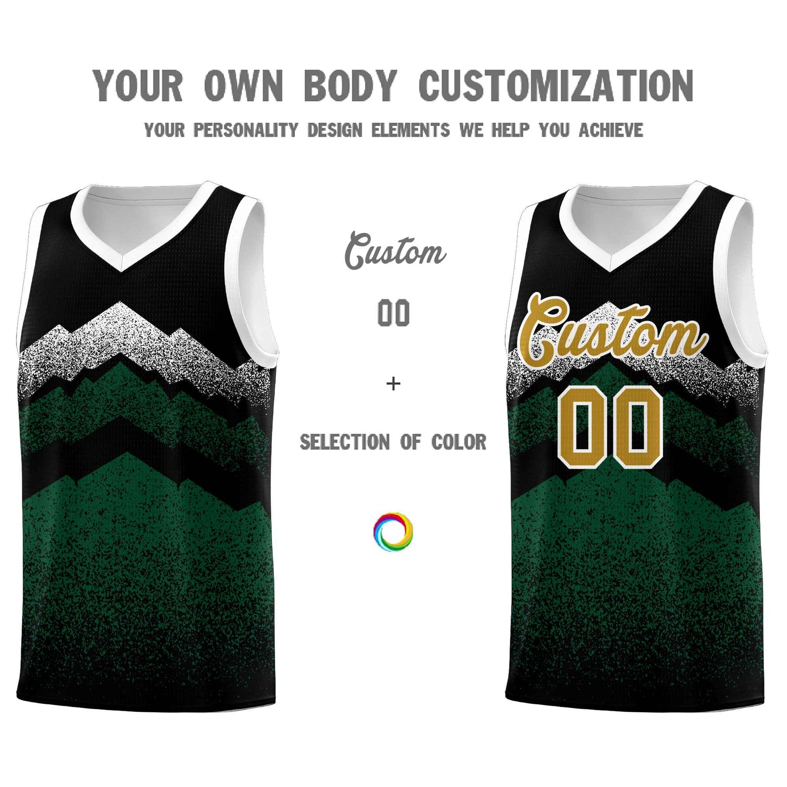Personalized Youth Basketball Jerseys   Black Green Gradient Mountain Design Uniforms
