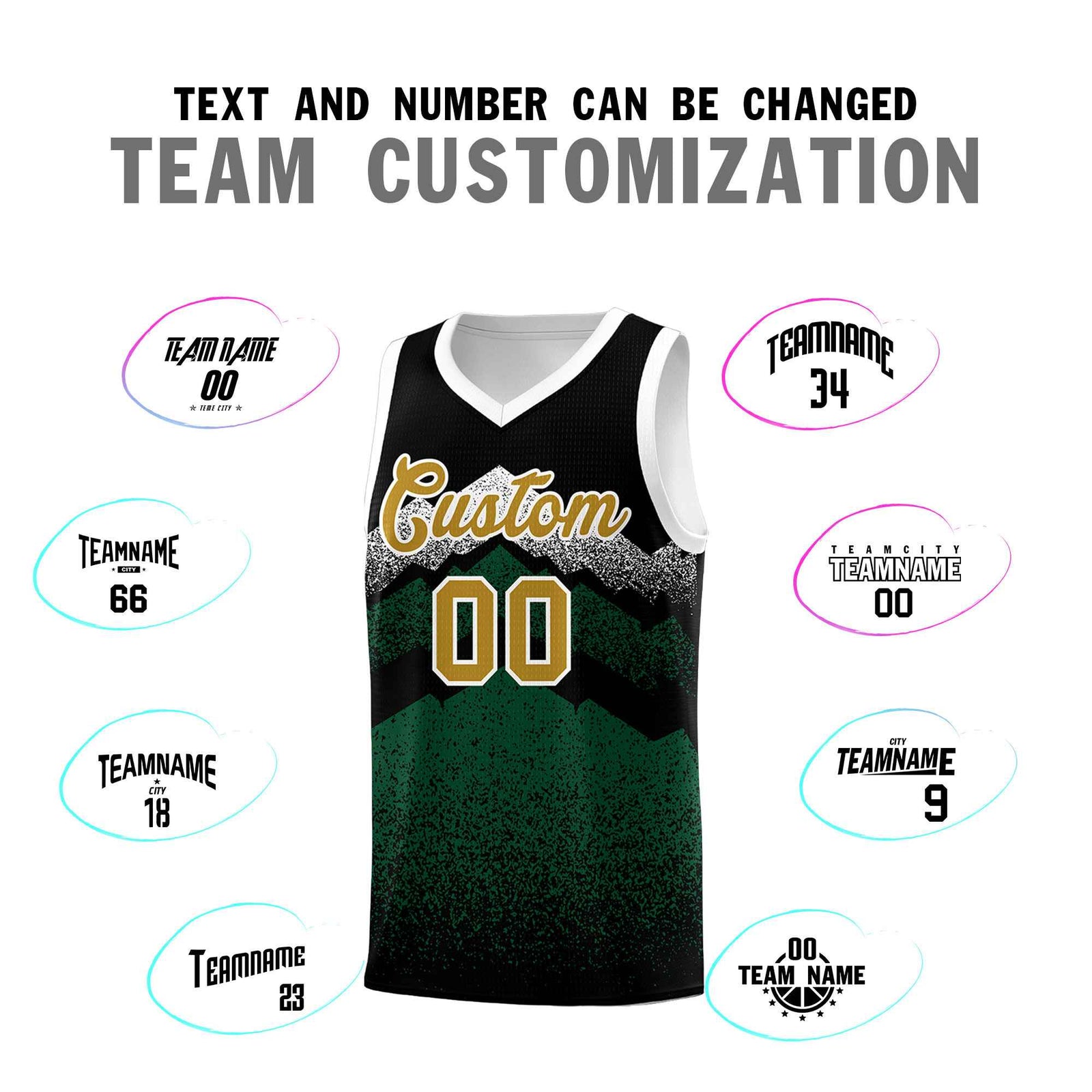 Personalized Youth Basketball Jerseys   Black Green Gradient Mountain Design Uniforms
