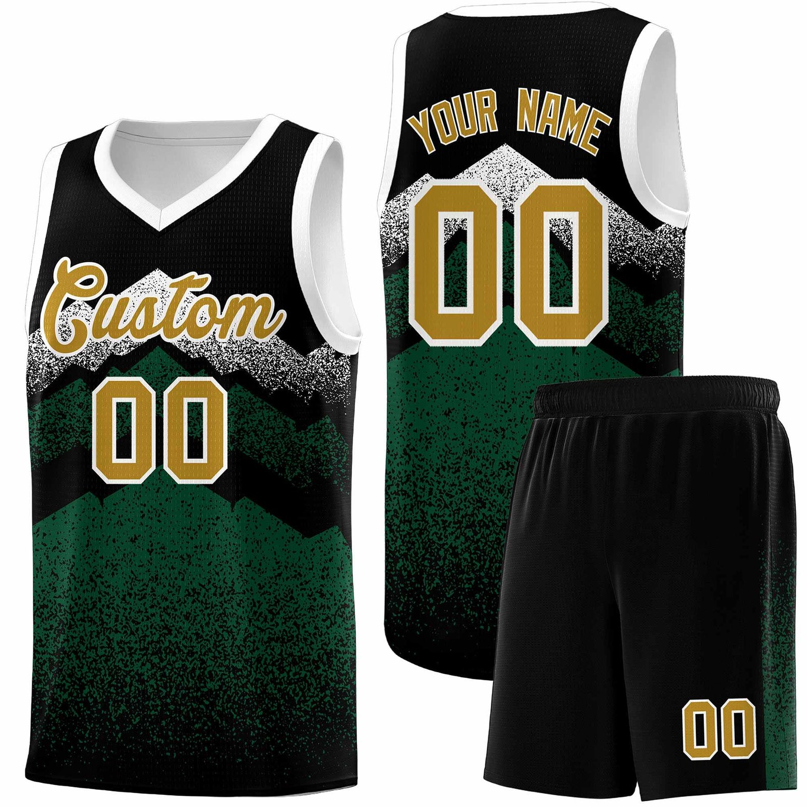Personalized Youth Basketball Jerseys   Black Green Gradient Mountain Design Uniforms