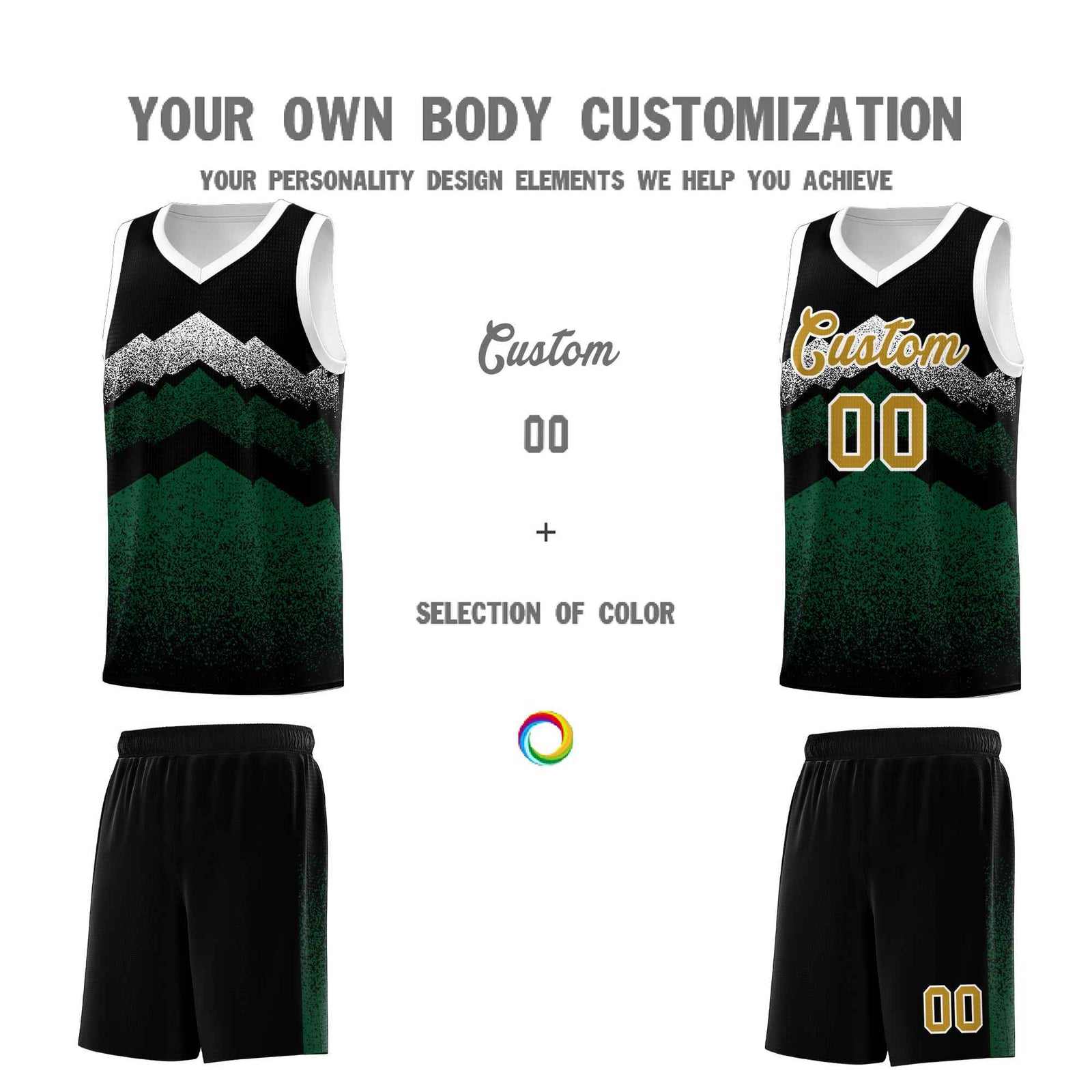 Personalized Youth Basketball Jerseys   Black Green Gradient Mountain Design Uniforms
