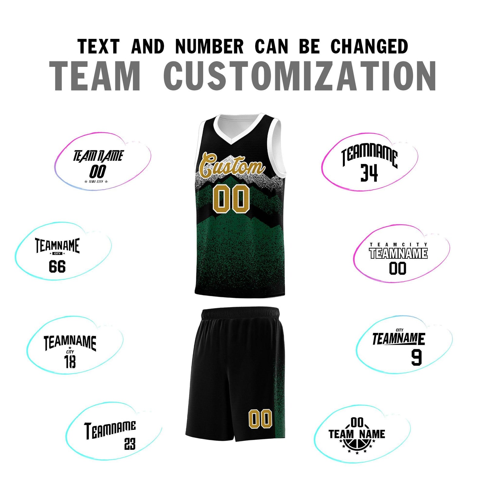 Personalized Youth Basketball Jerseys   Black Green Gradient Mountain Design Uniforms