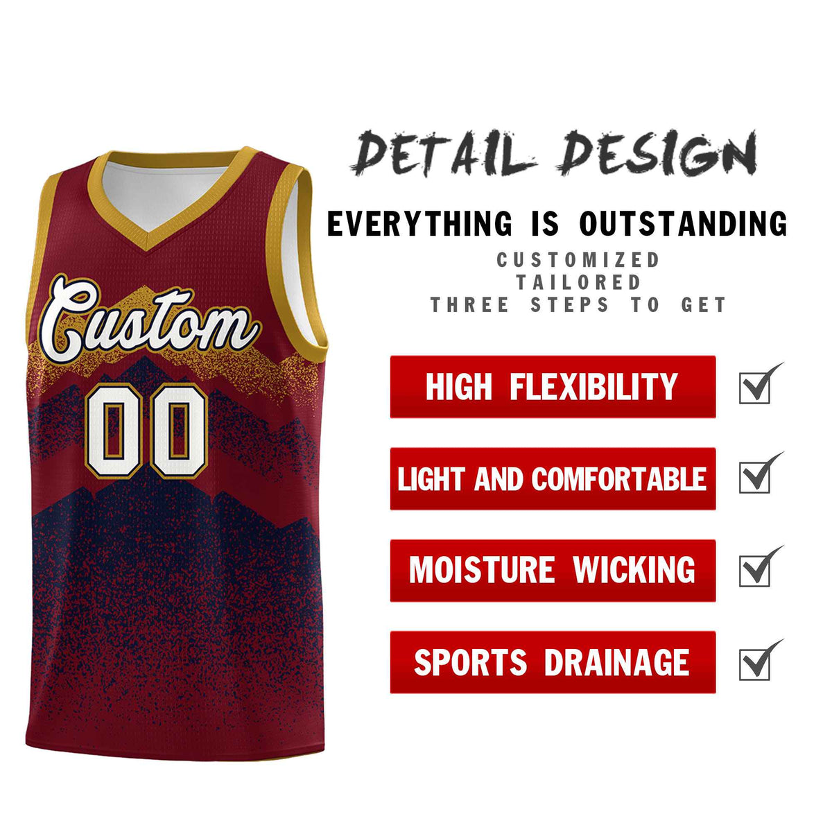 Custom Youth Basketball Jerseys Crimson Navy Gradient Mountain Design Uniforms