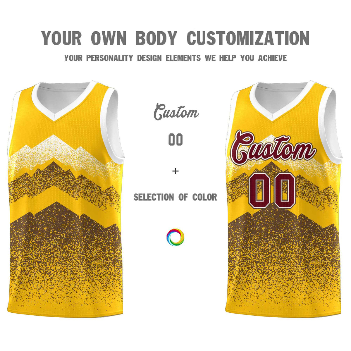 Custom Youth Basketball Jerseys Gold Coffee Gradient Mountain Design Uniforms