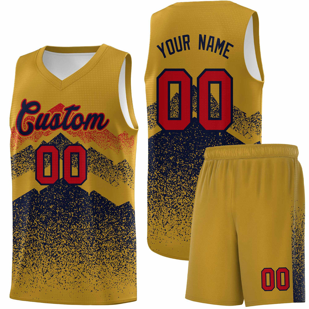Personalized Youth Basketball Jerseys   Old Gold Navy Gradient Mountain Design Uniforms
